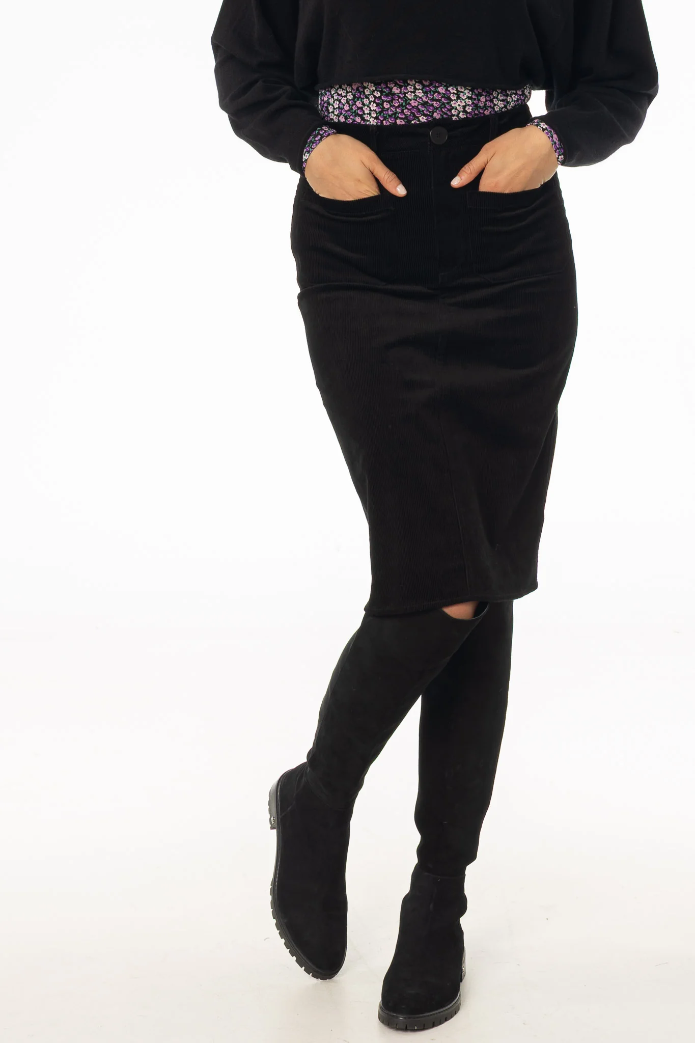 Black Pocket Corduroy Pencil Skirt - KJDHW