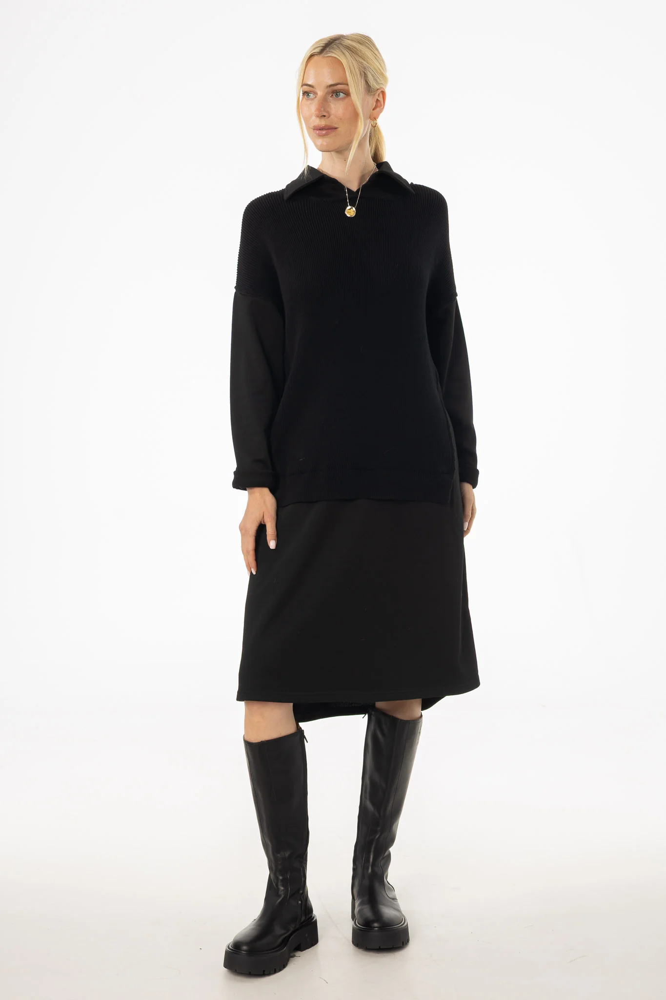 Black Sweater Shirt Dress - KJDHW