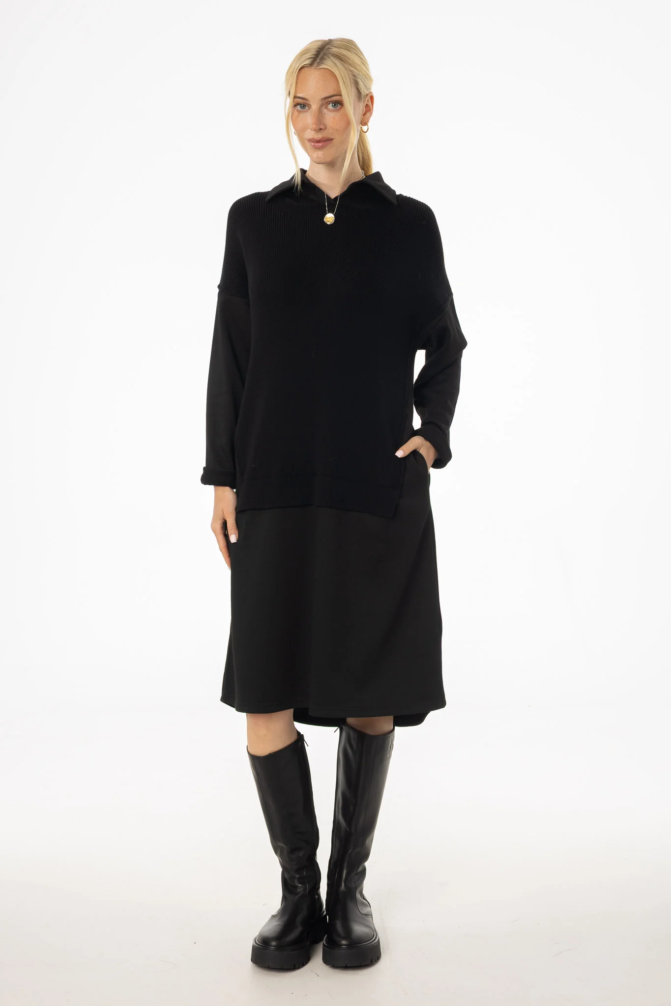 Black Sweater Shirt Dress - KJDHW