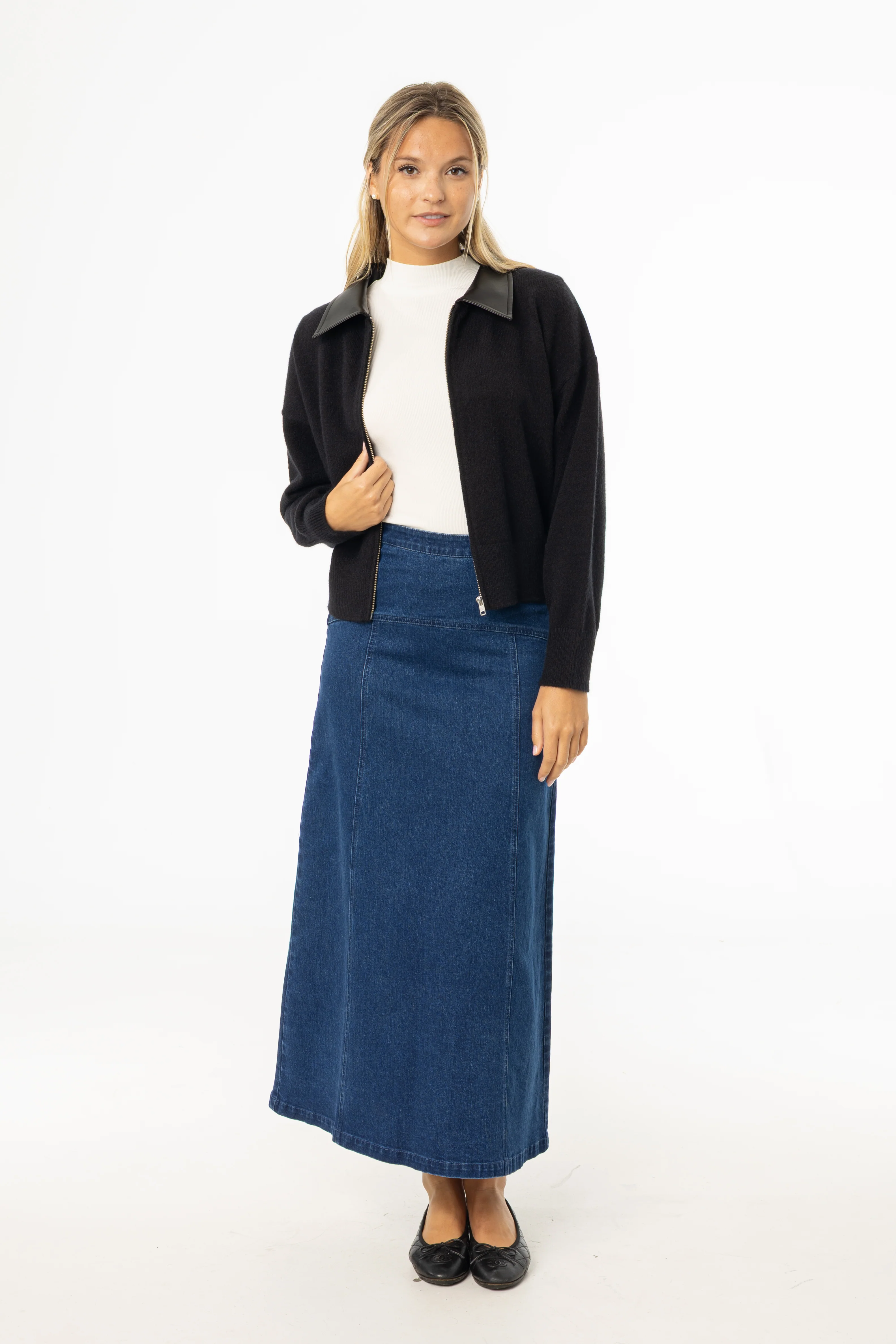 Dark Blue Yoke Seam Denim Skirt - KJDHW