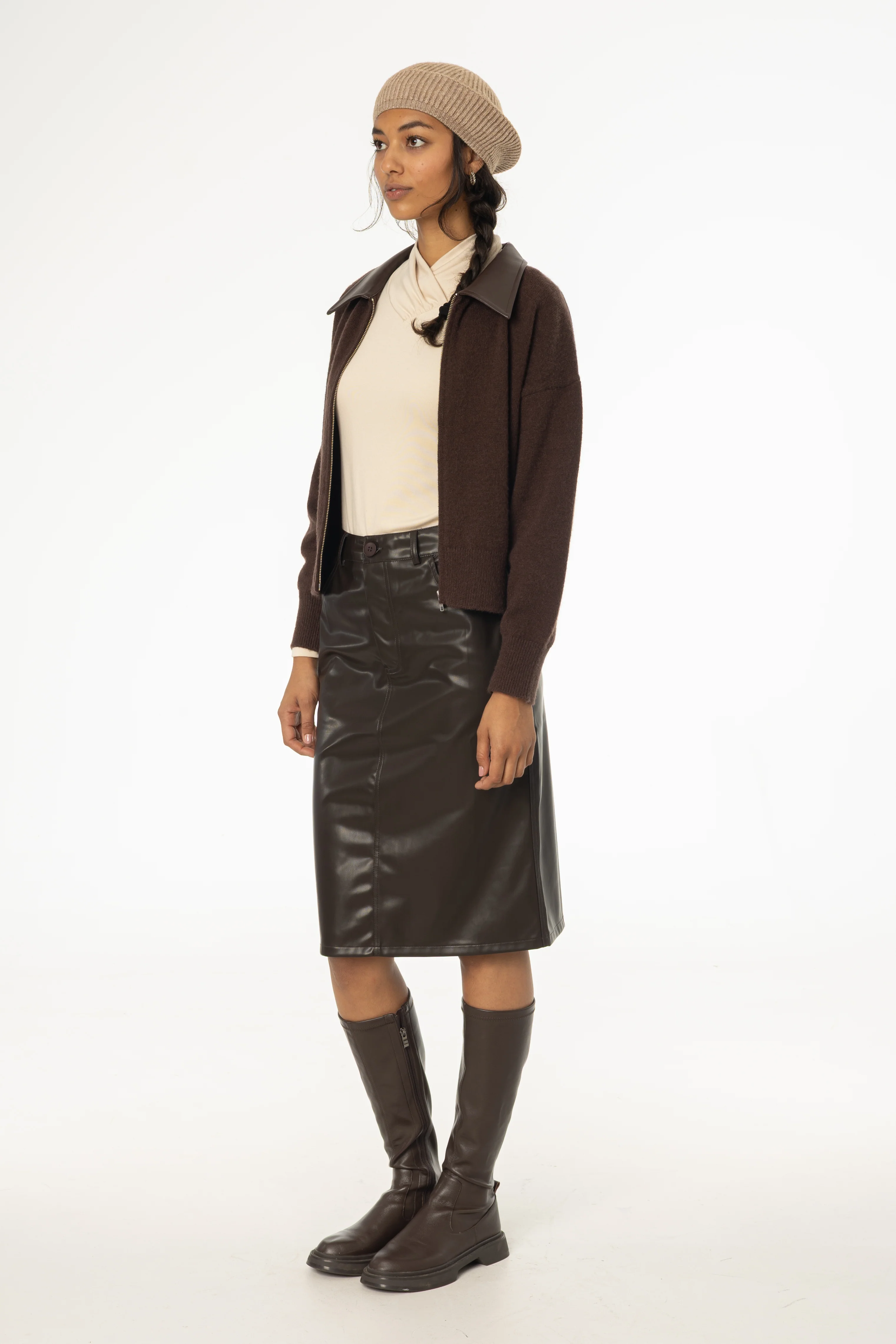 Brown Vegan Leather Pencil Skirt - KJDHW