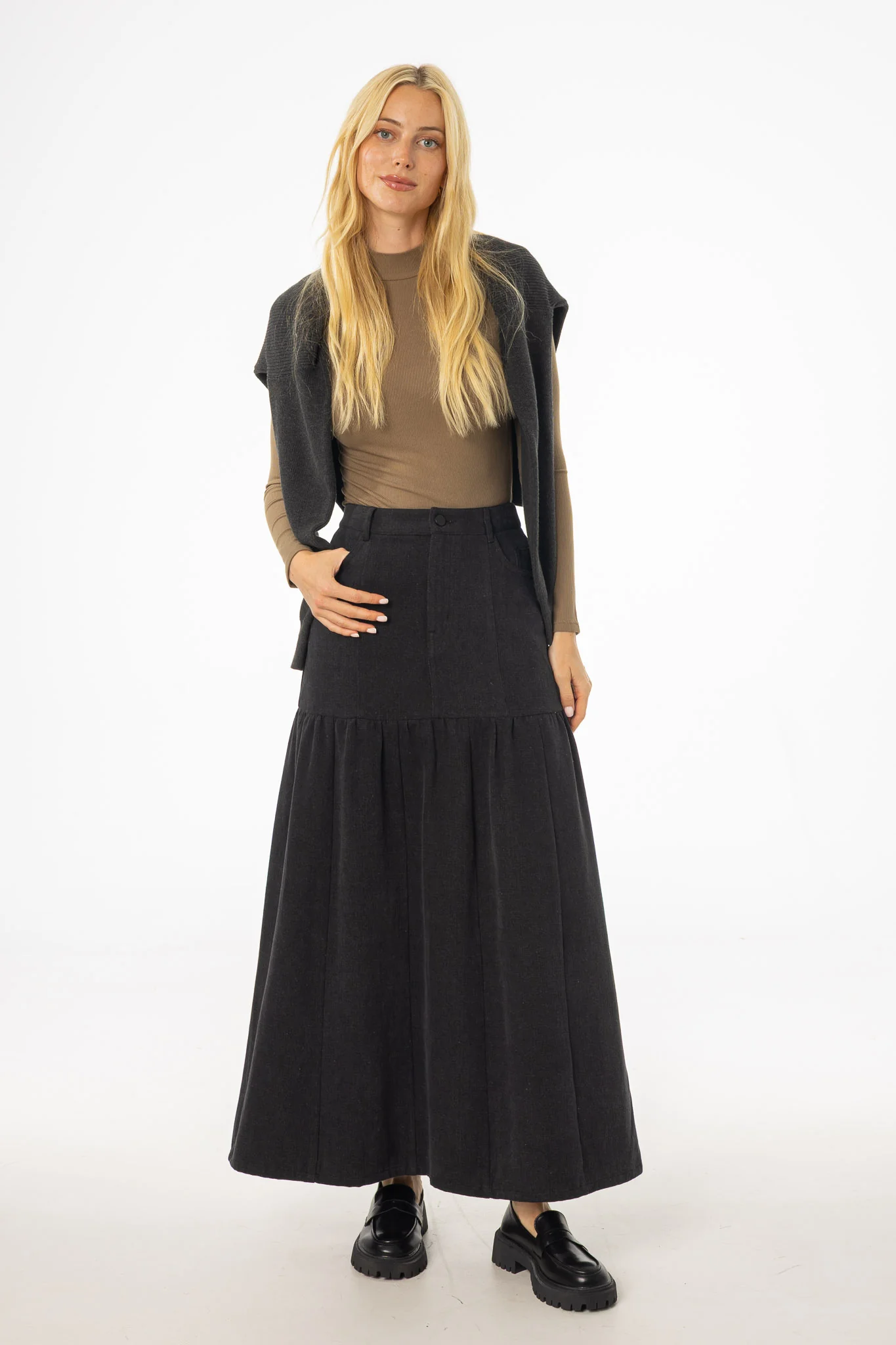 Grey Flared Denim Maxi Skirt - KJDHW