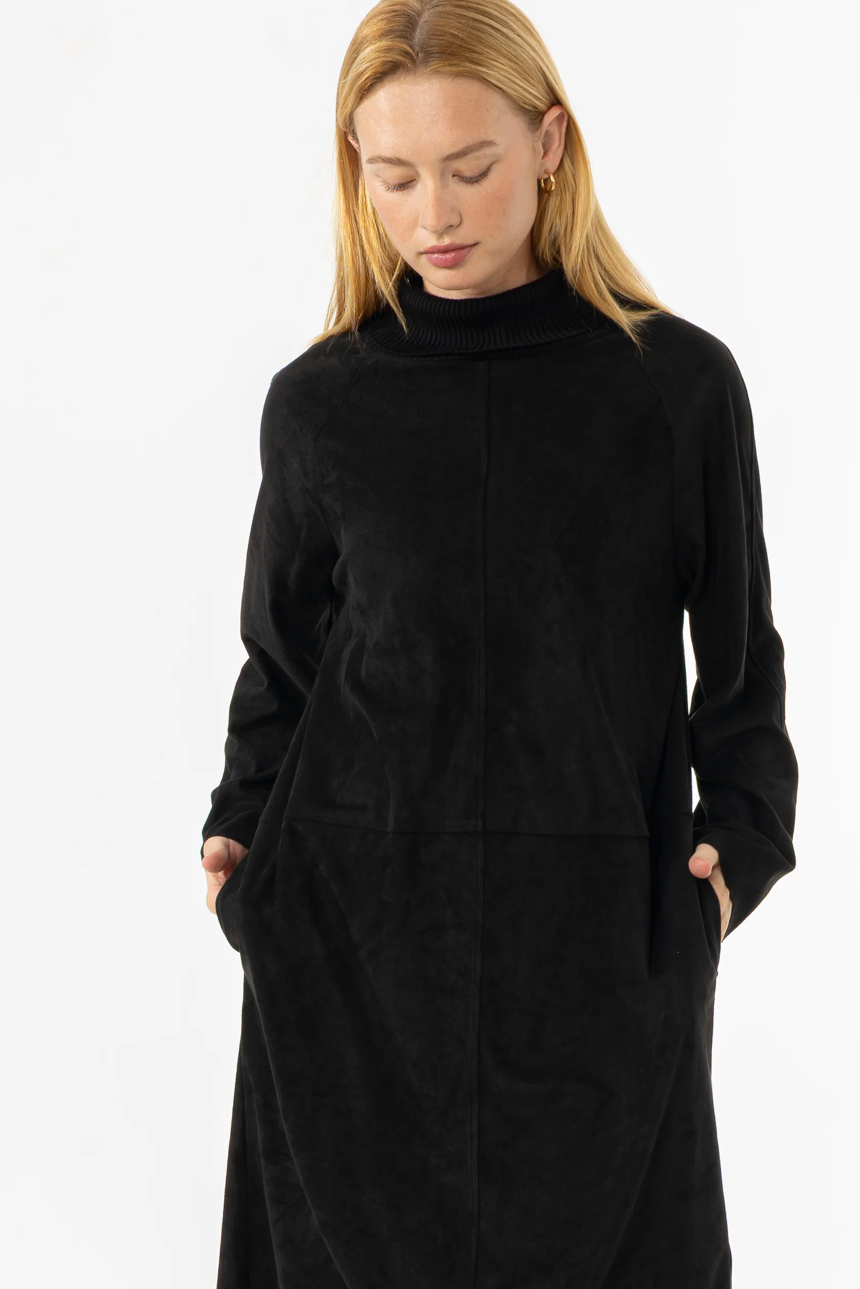 Black Ribbed Turtleneck Microsuede Dress - KJDHW