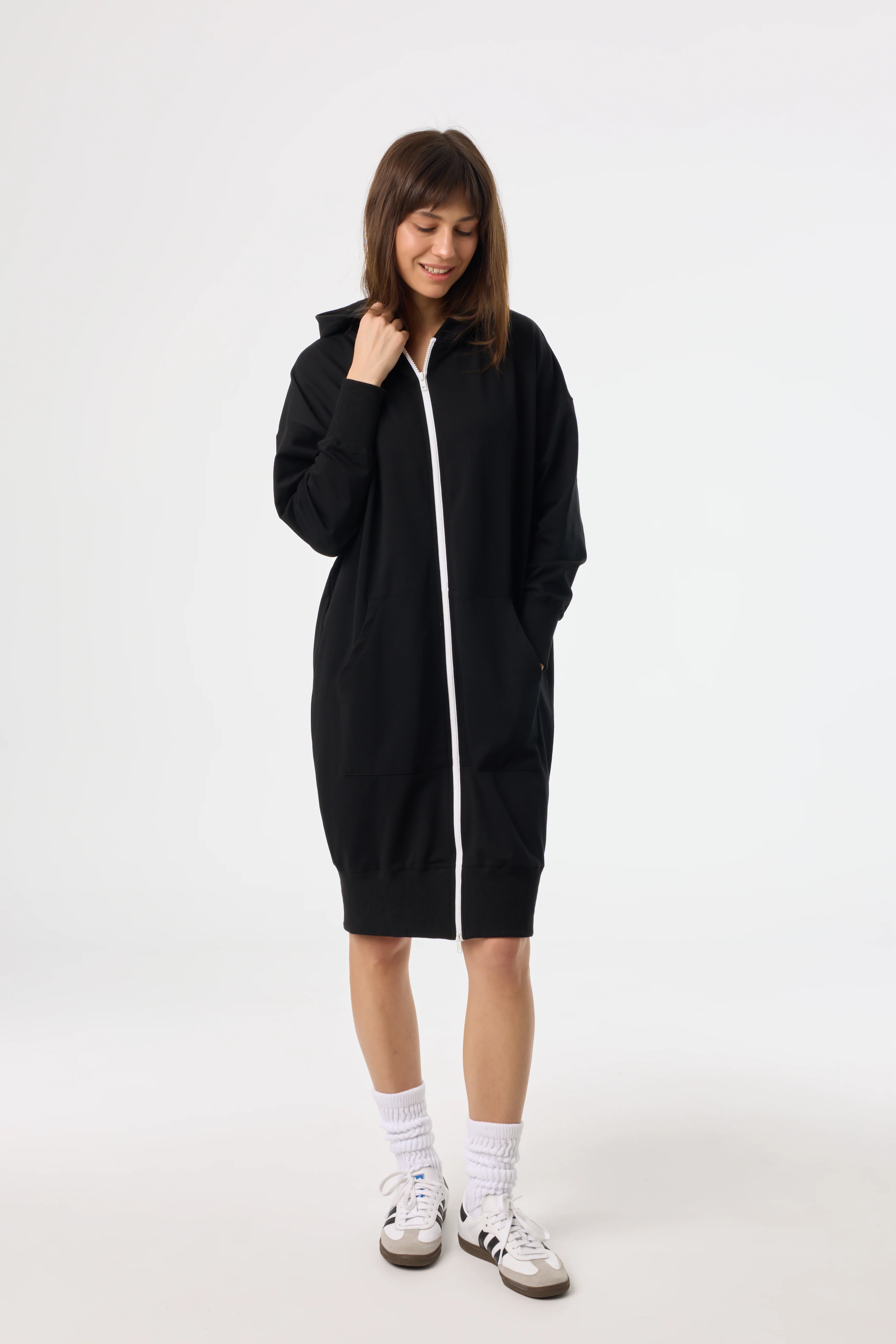 Black and White Zipper Sweatshirt Dress - KJDHW