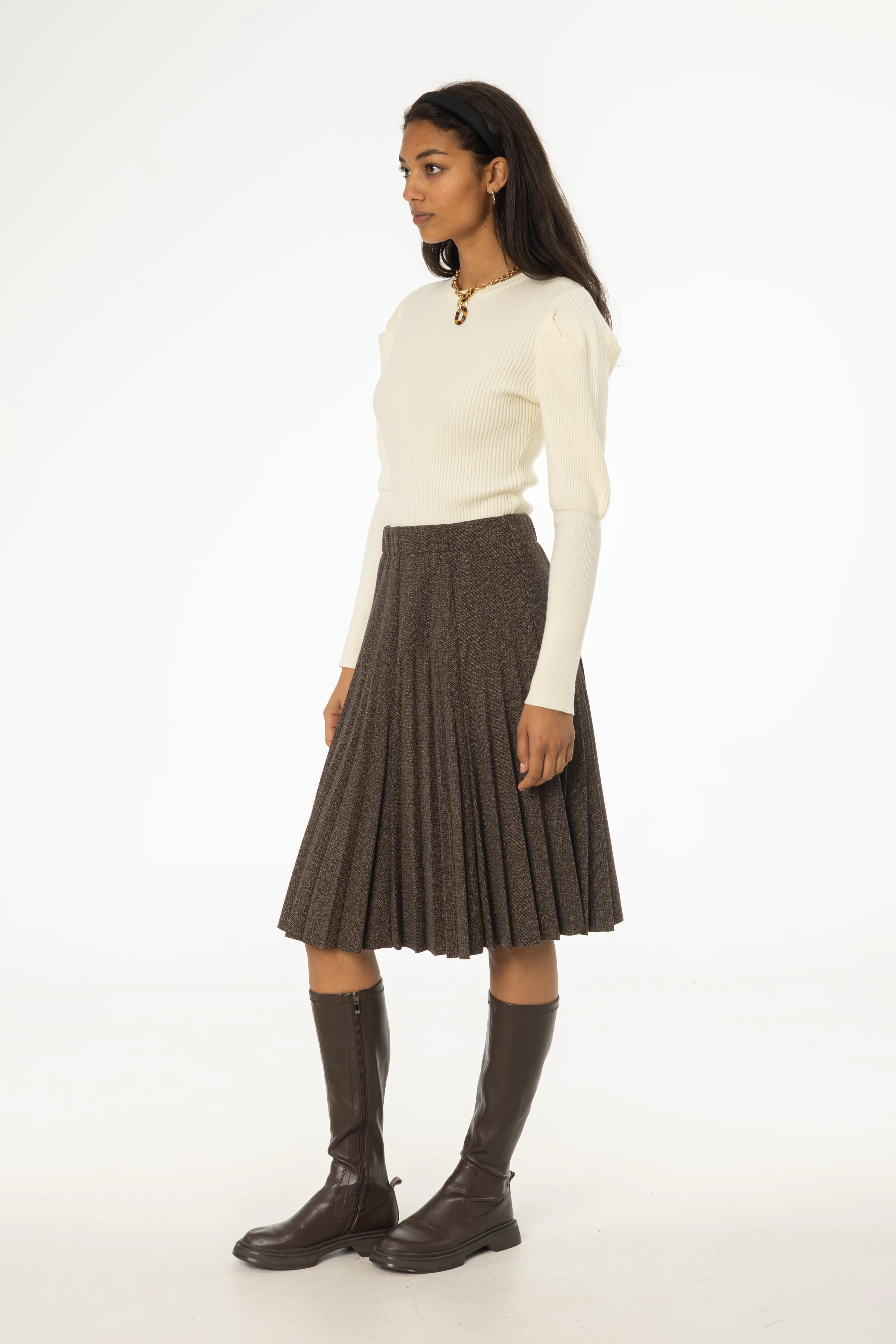 Brown Pleated Skirt - KJDHW