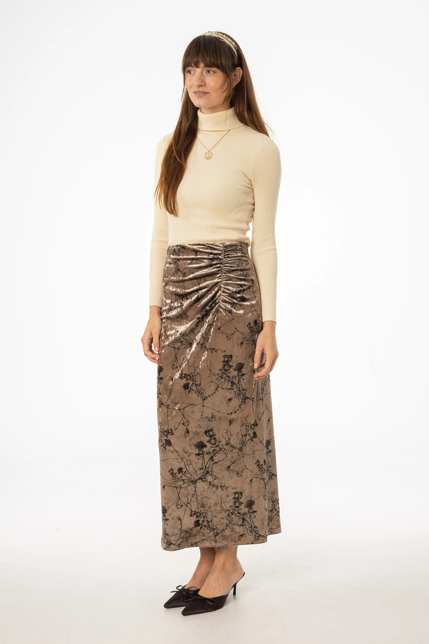 Brown Floral Crushed Velvet Skirt - KJDHW