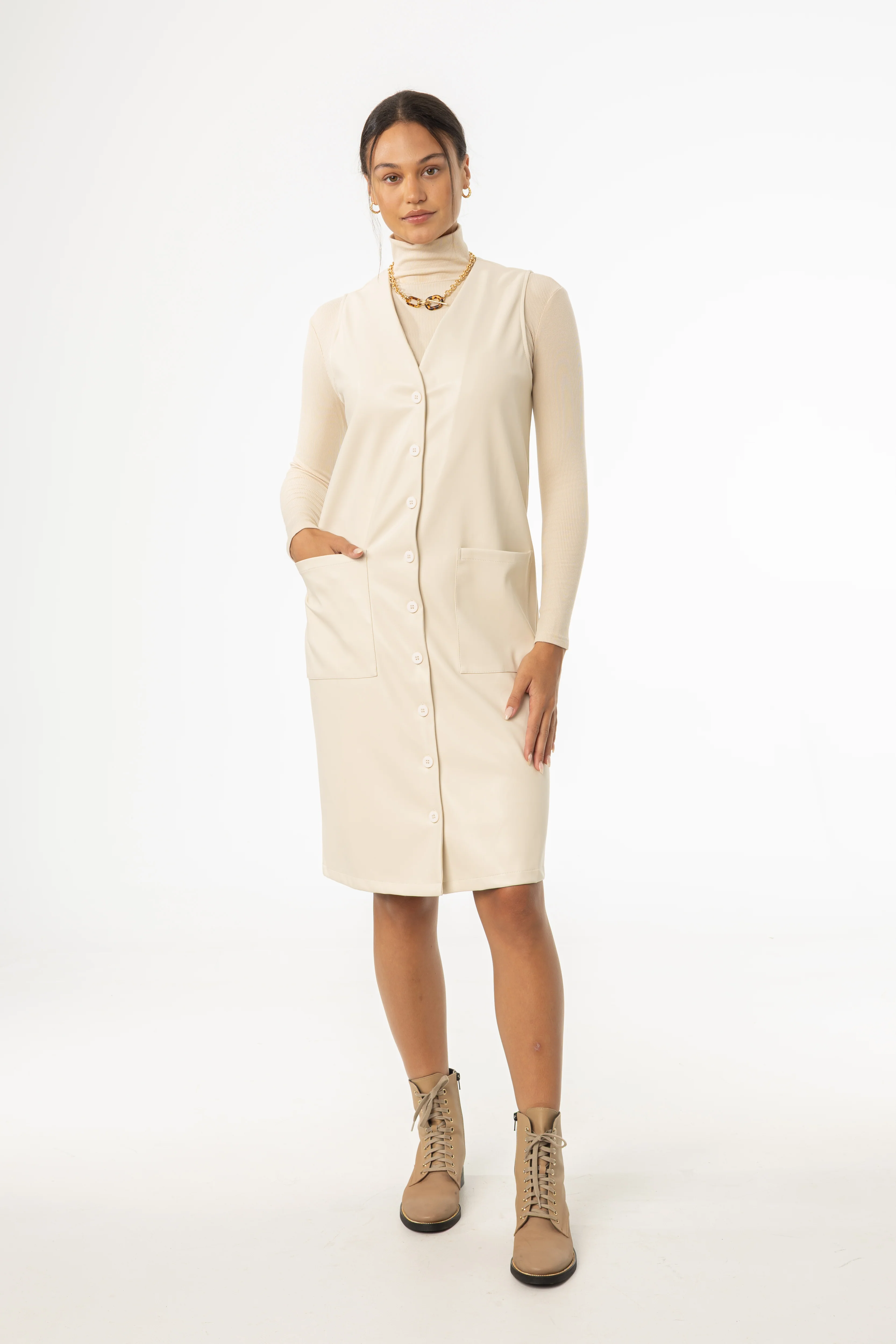 Cream Vegan Leather Vest Dress - KJDHW