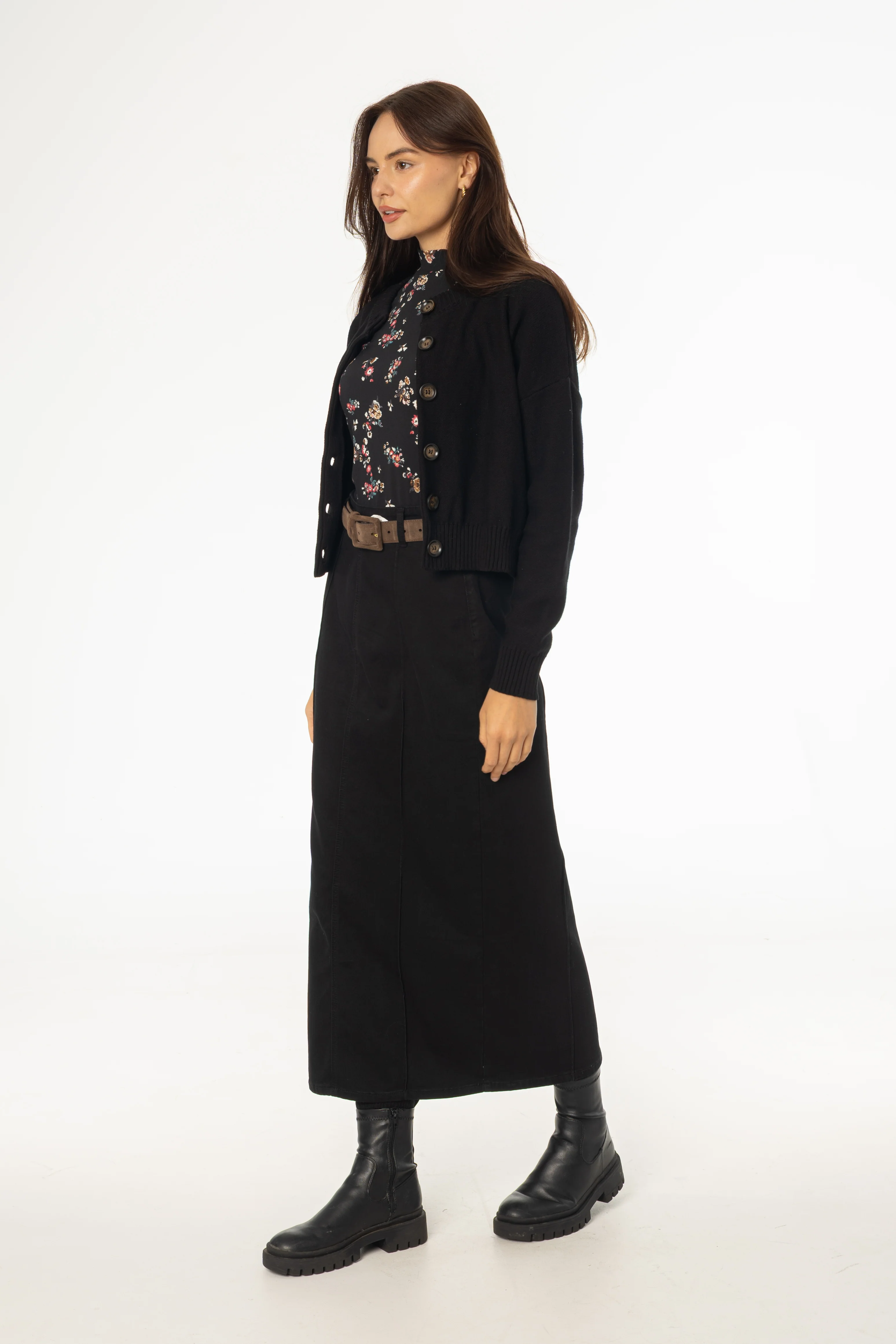 Black Straight Denim Maxi Skirt - KJDHW