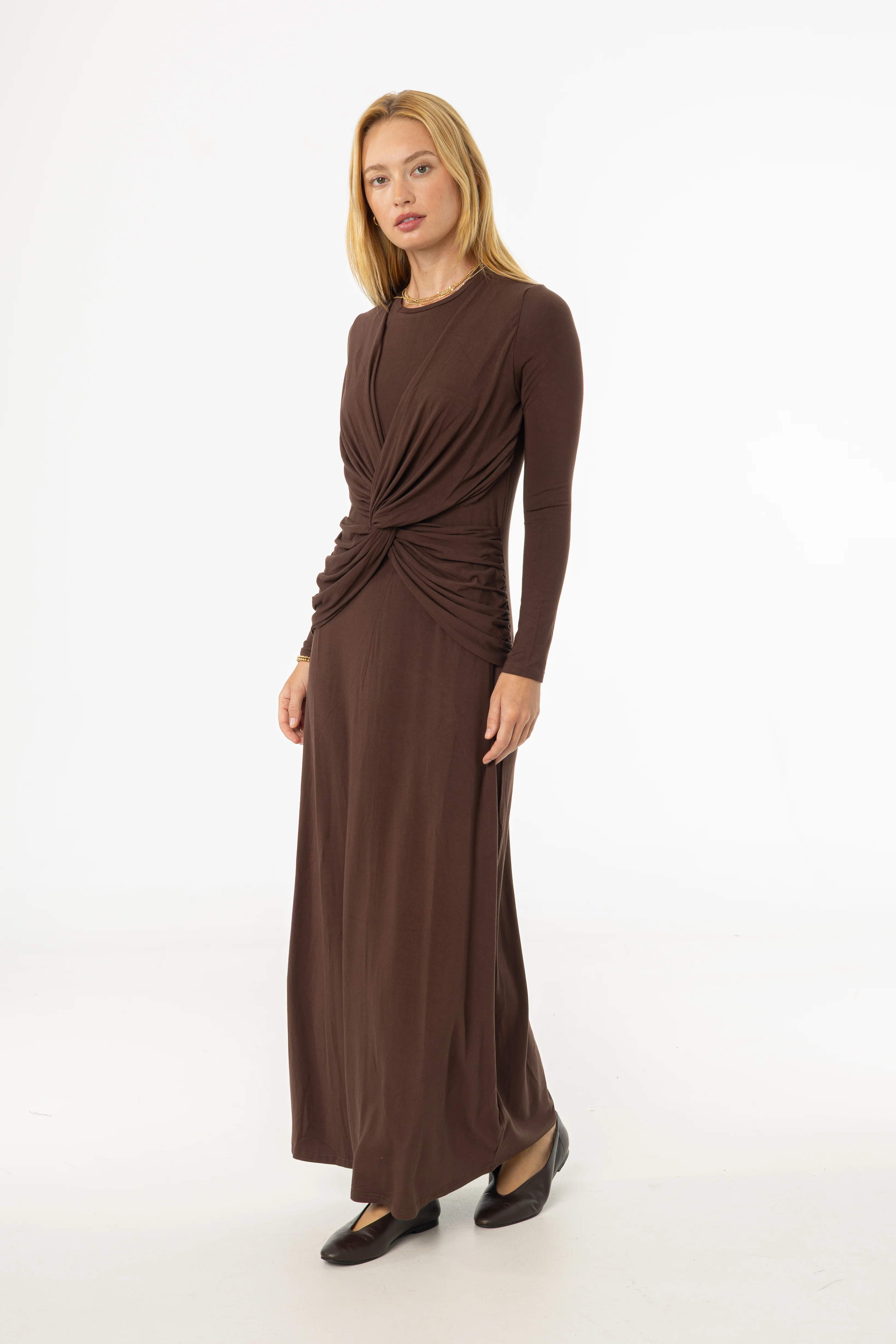 Brown Knot Crossover Maxi Dress - KJDHW