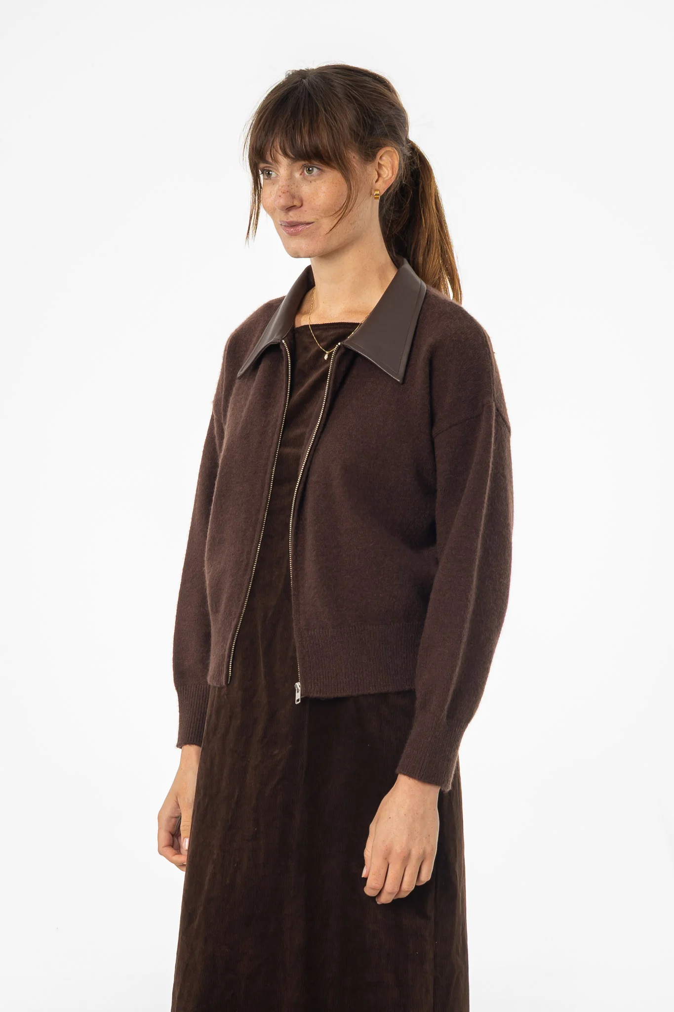 Brown Contrast Collar Zipper Sweater - KJDHW