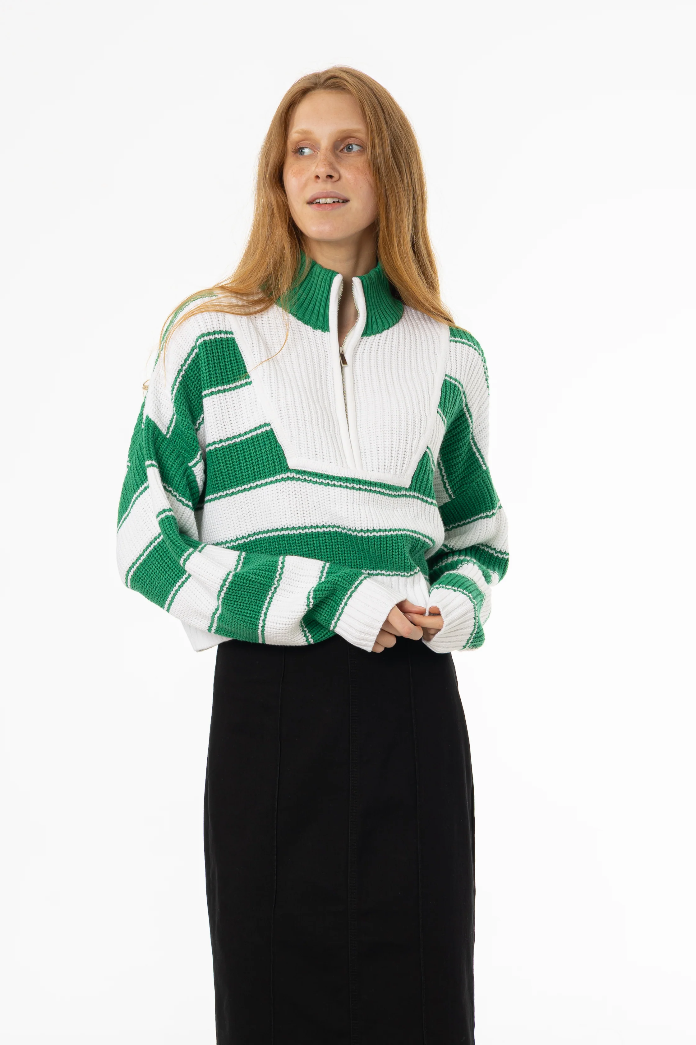 Green Striped Quarter Zip Sweater Top - KJDHW