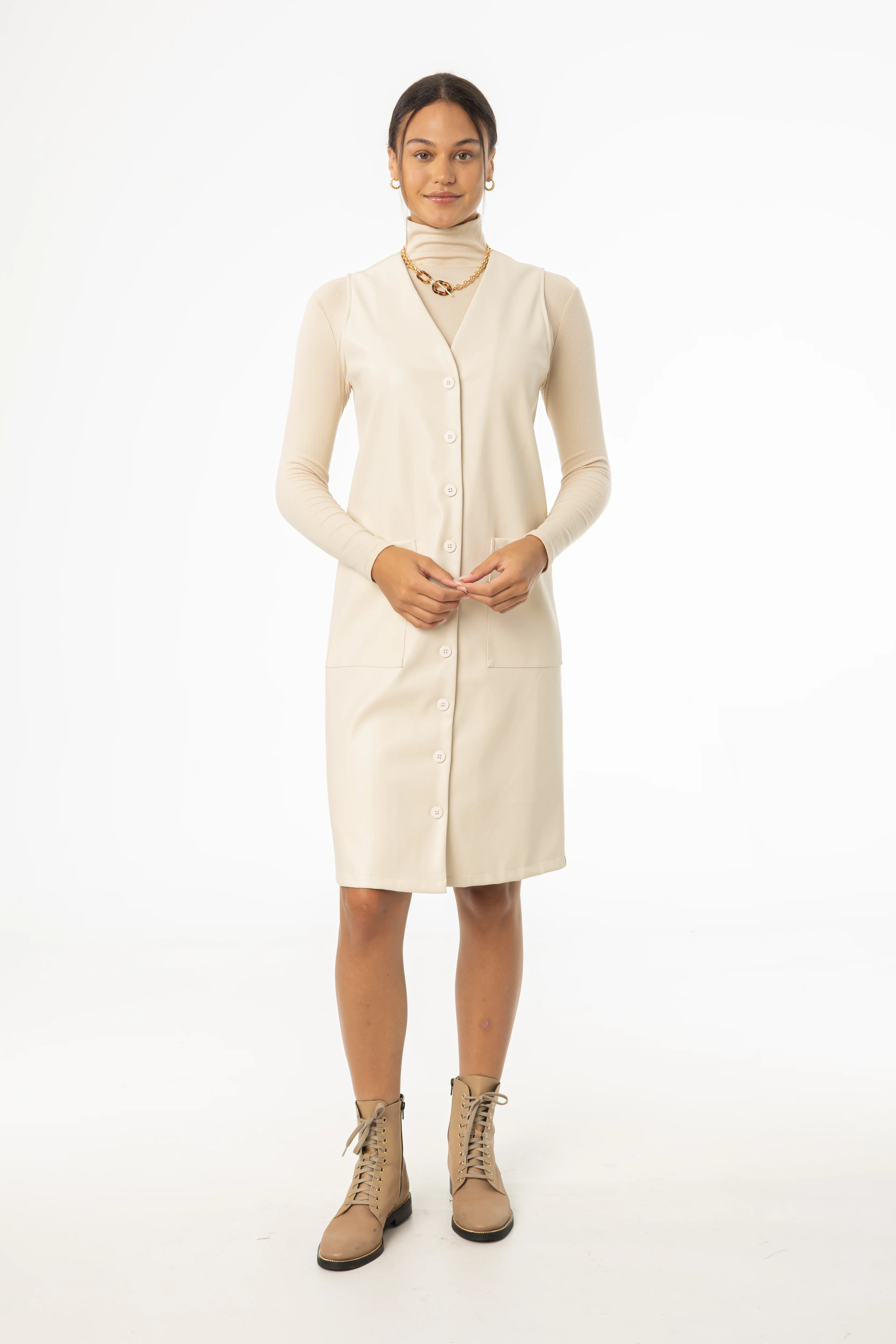 Cream Vegan Leather Vest Dress - KJDHW