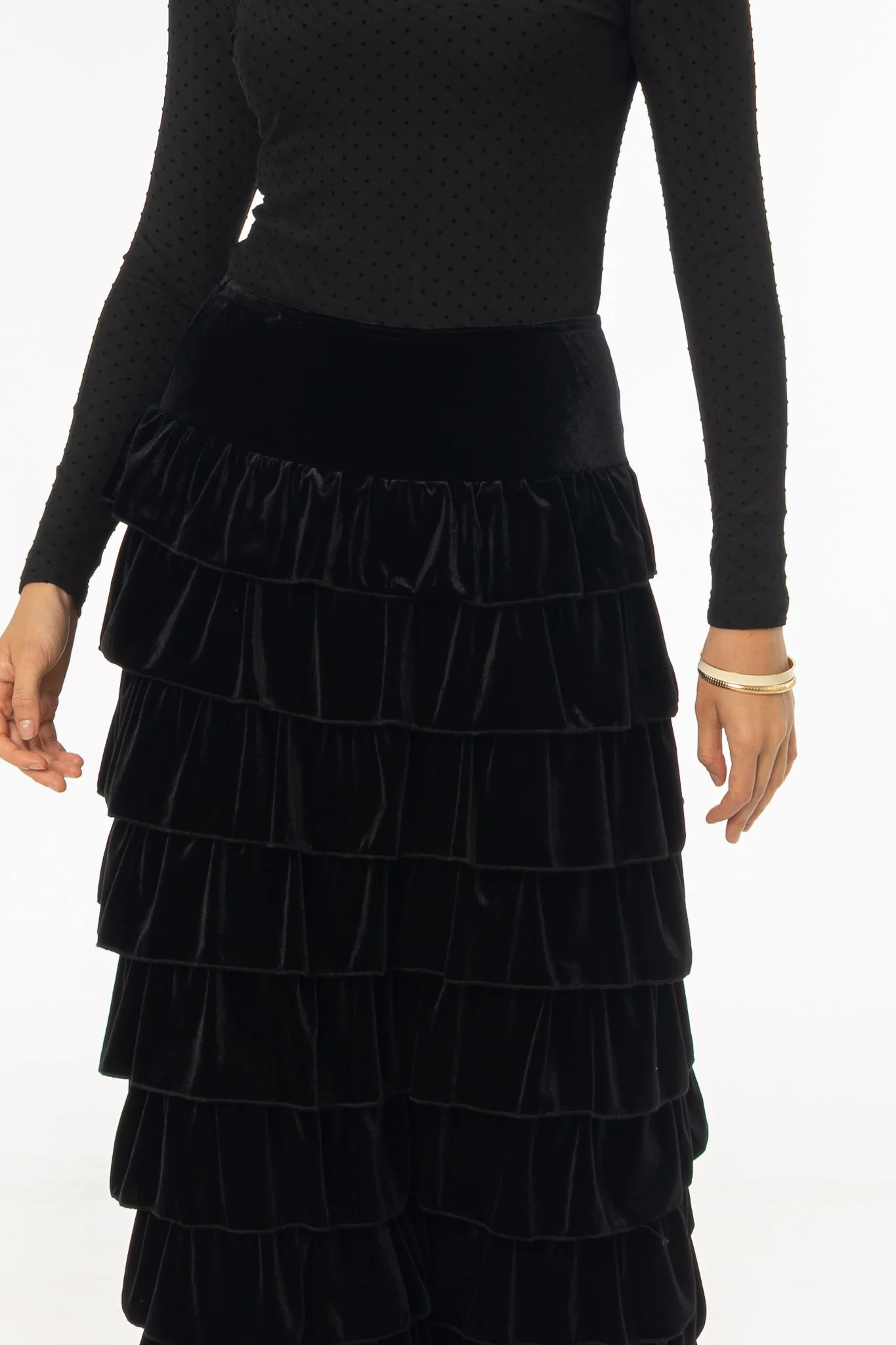 Black Ruffle Velour Maxi Skirt - KJDHW