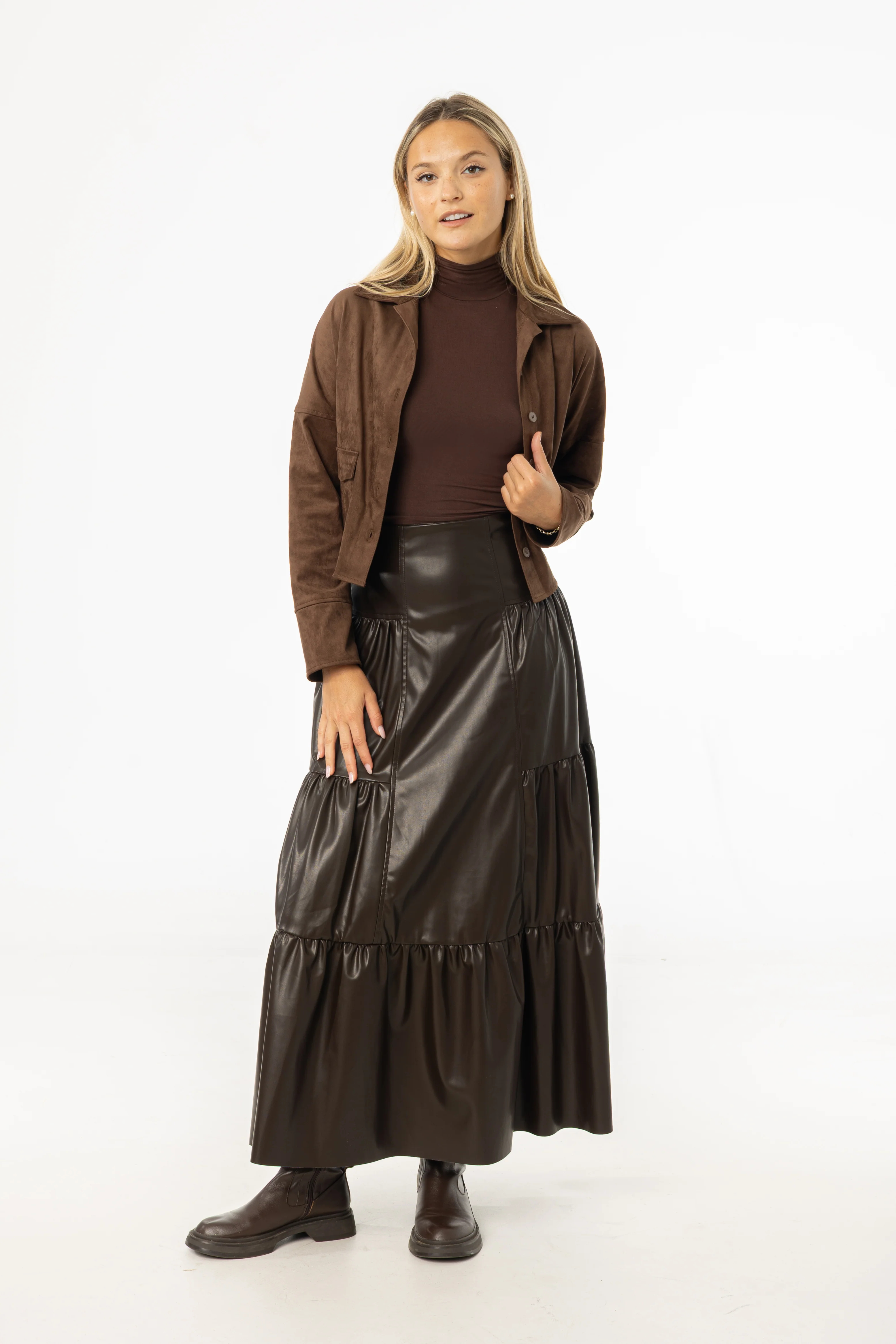 Brown Layered Faux Leather Skirt - KJDHW