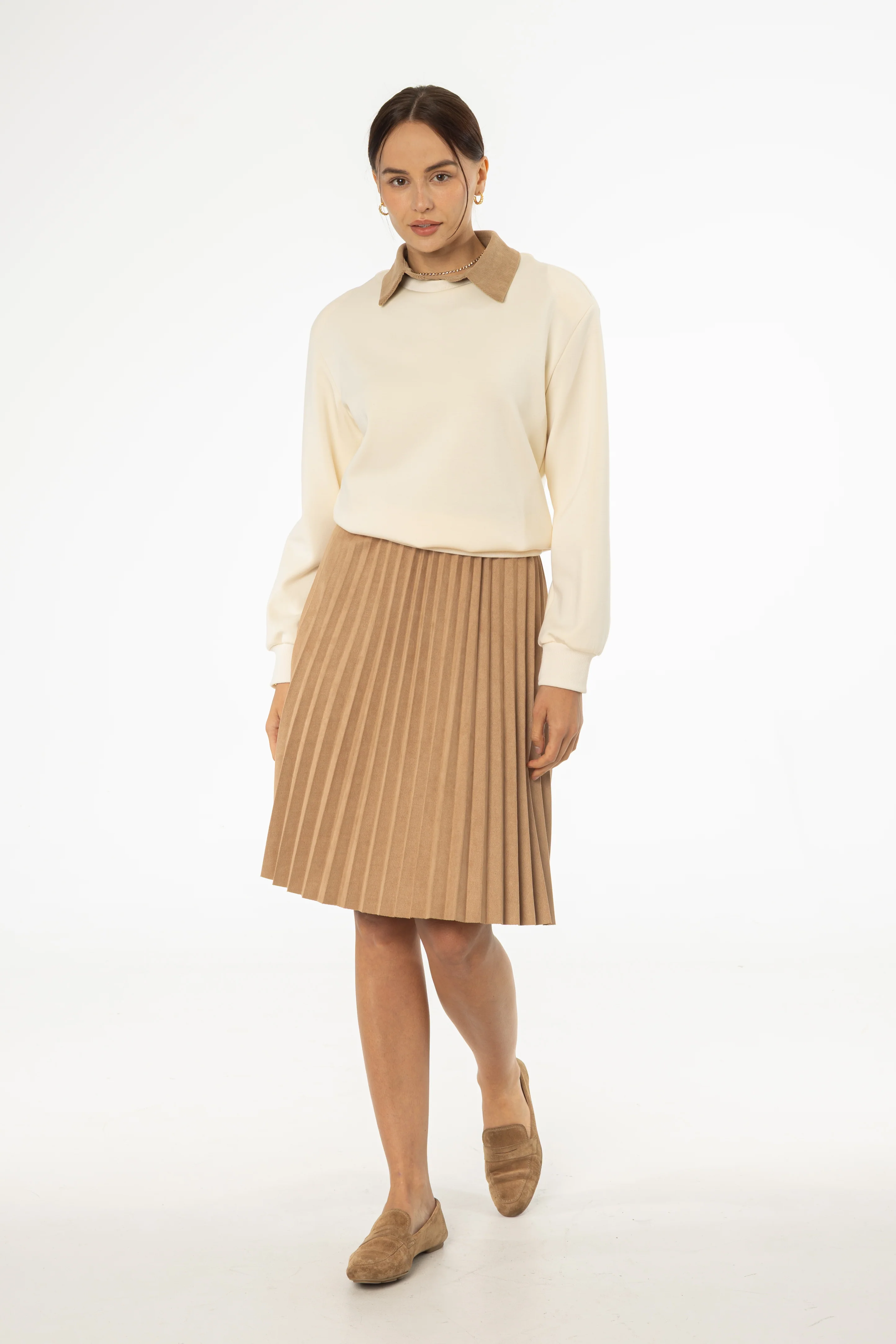 Camel Accordion Microsuede Skirt - KJDHW