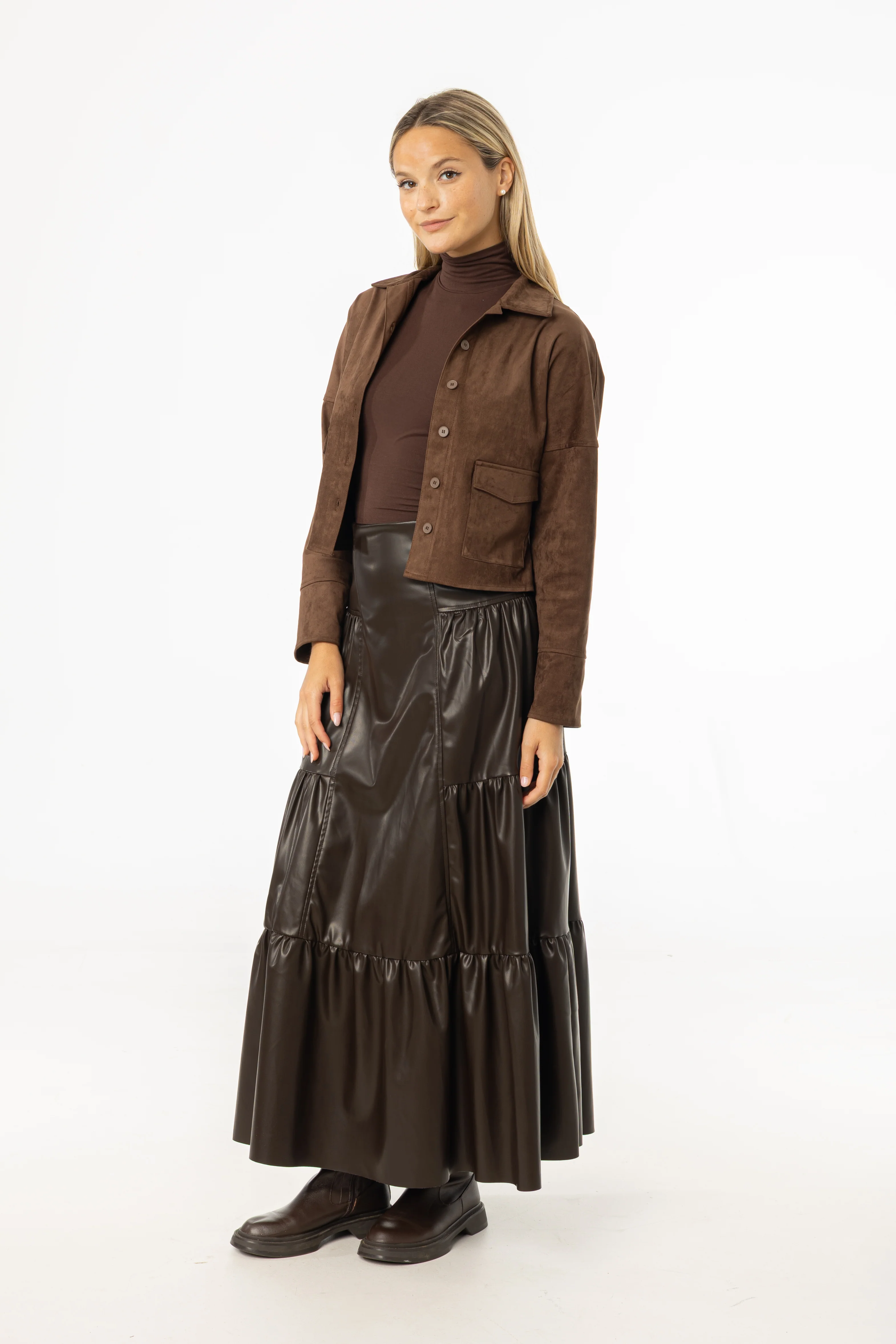 Brown Layered Faux Leather Skirt - KJDHW