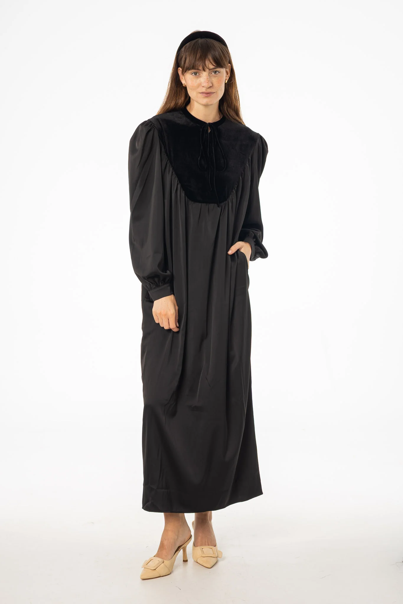 Black Velour Yoke Maxi Dress - KJDHW