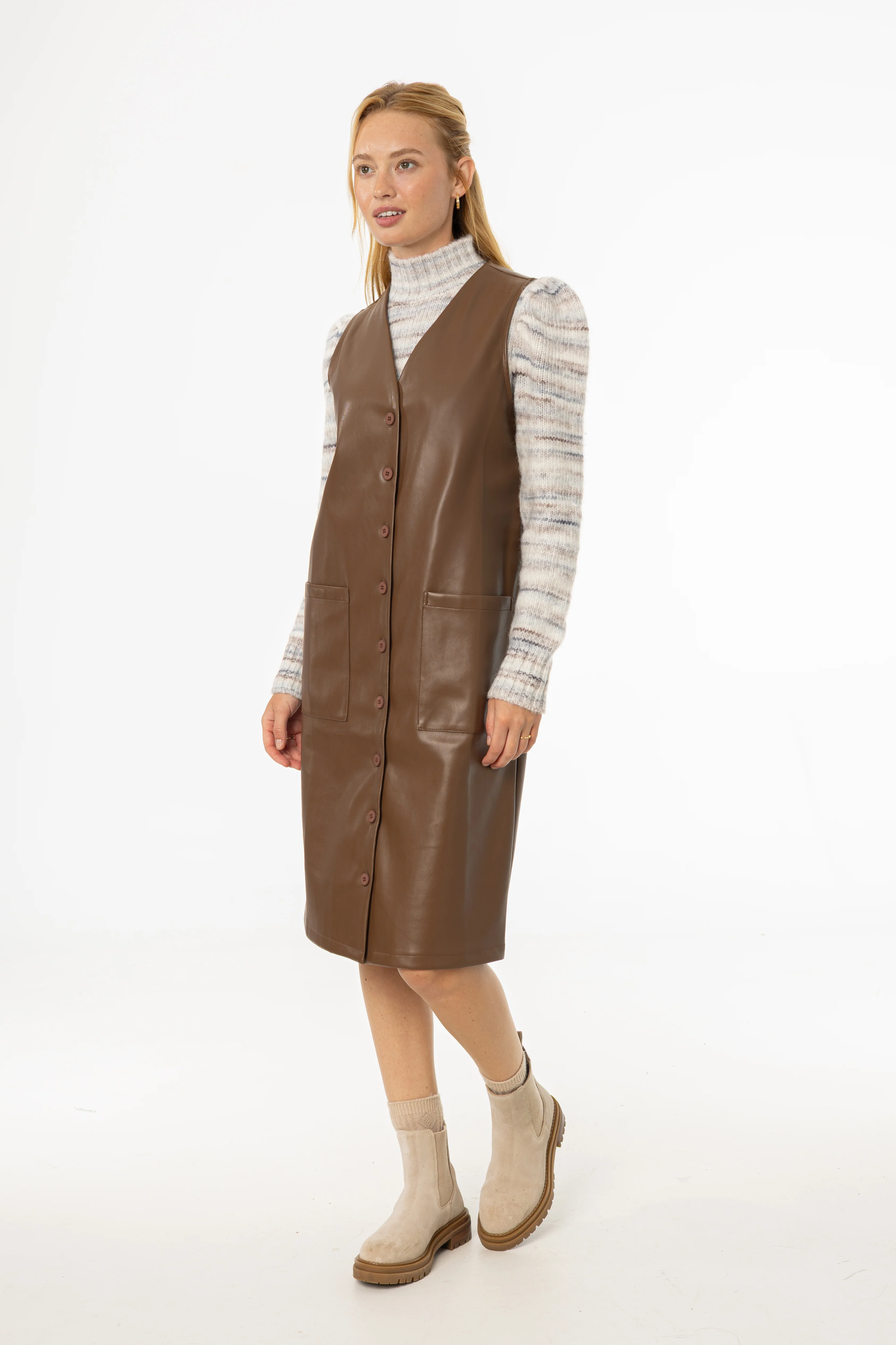 Brown Vegan Leather Vest Dress - KJDHW