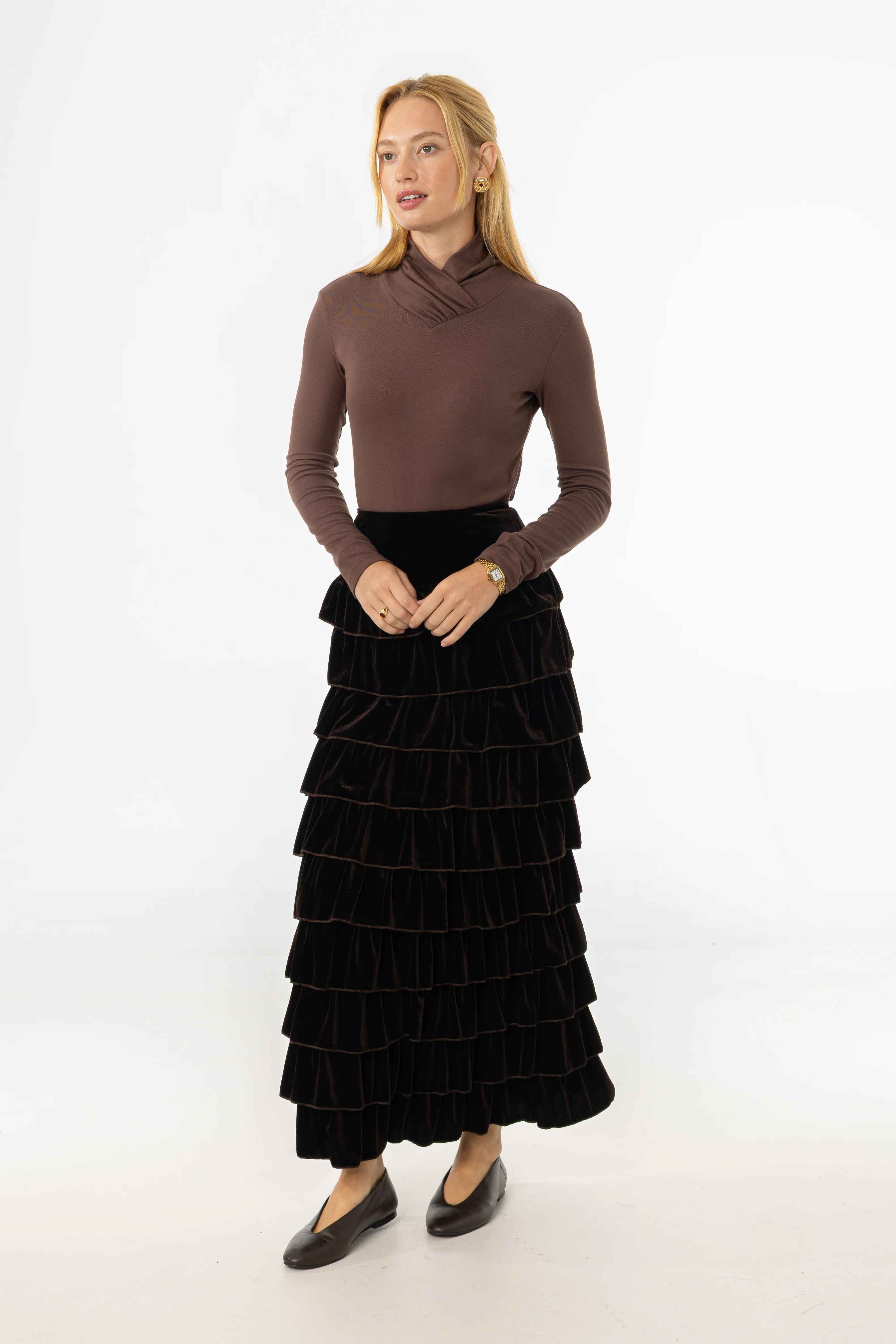 Brown Ruffle Velour Maxi Skirt - KJDHW