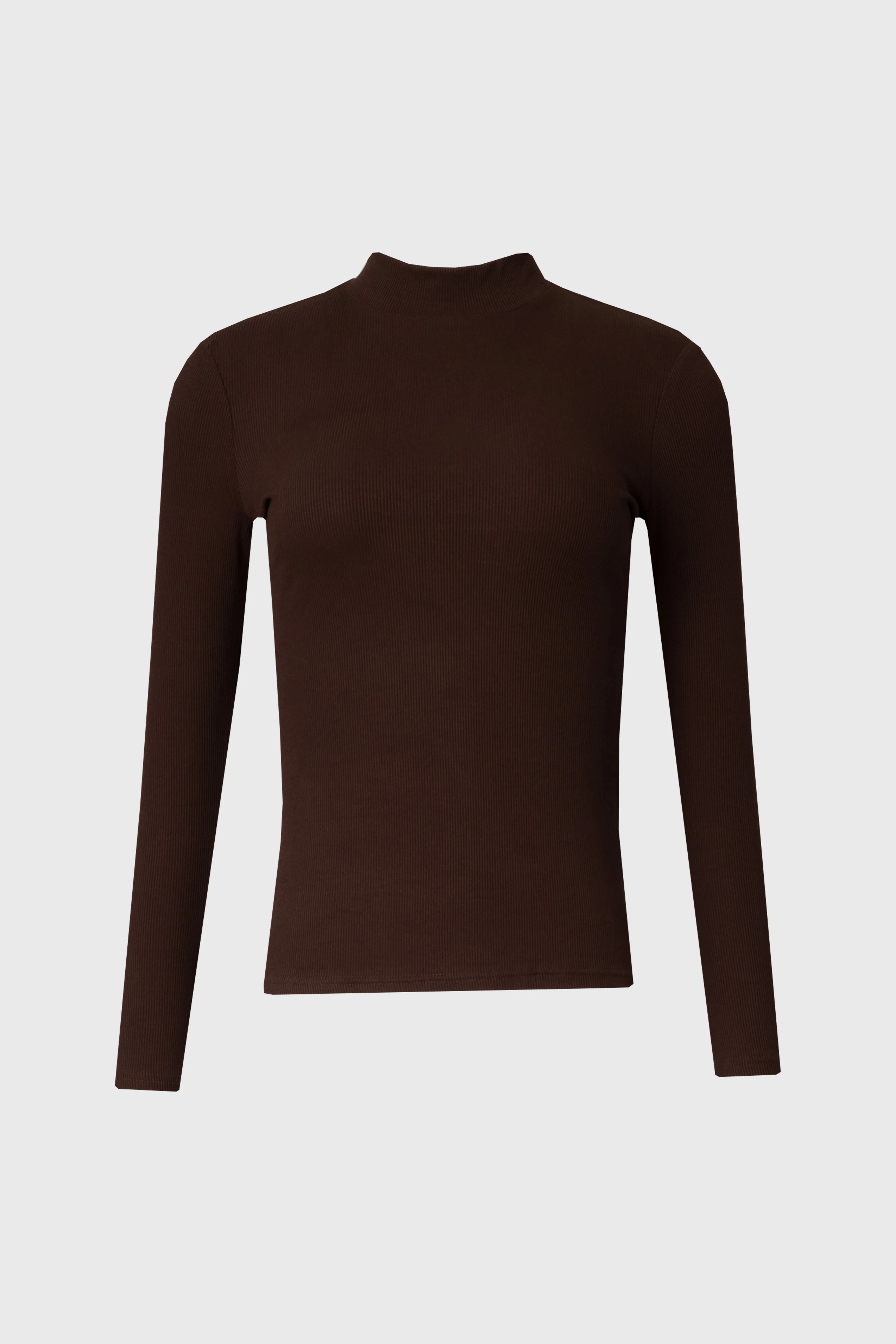 Brown Ribbed Mock Neck Top - KJDHW