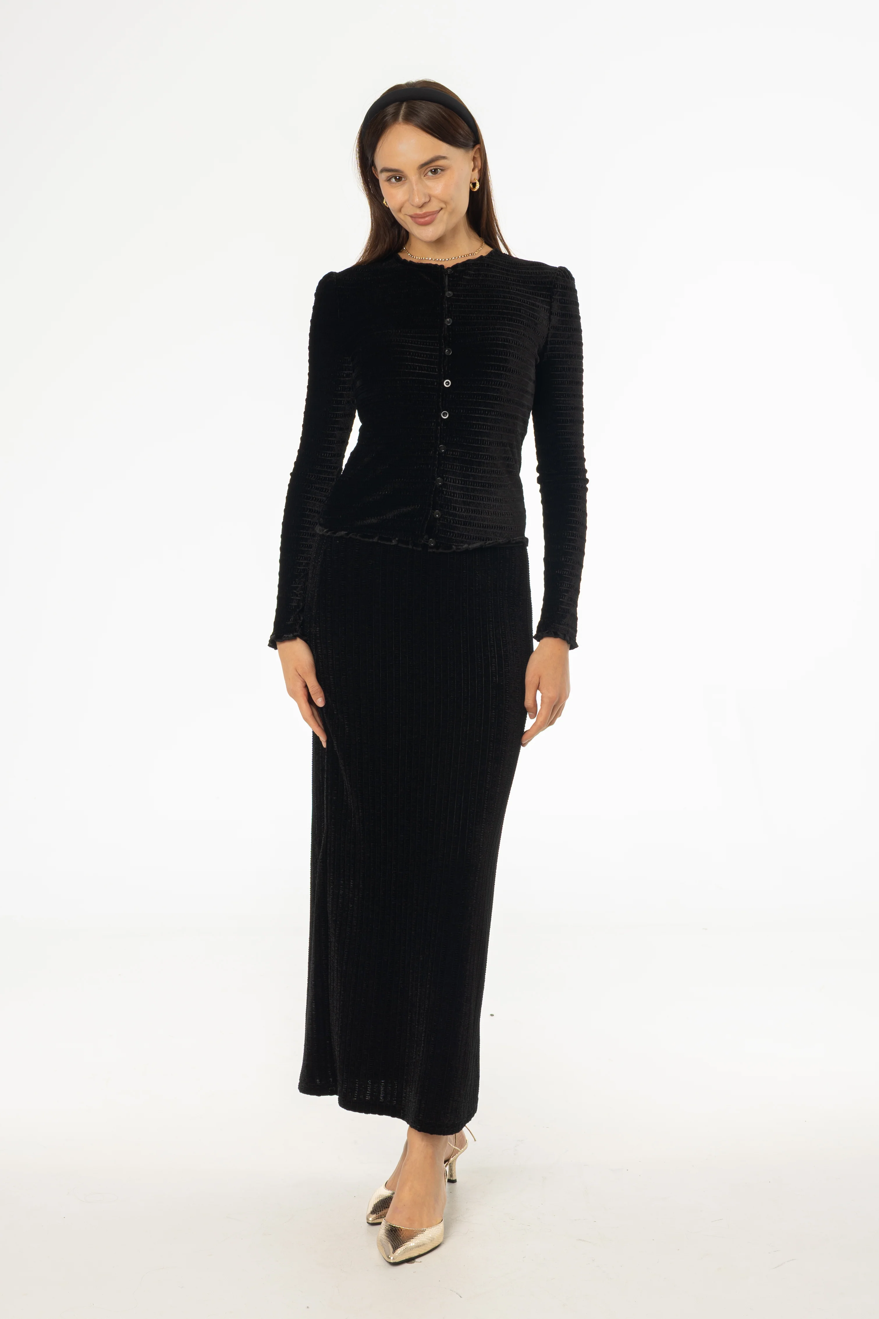 Black Ruched Velvet Skirt - KJDHW