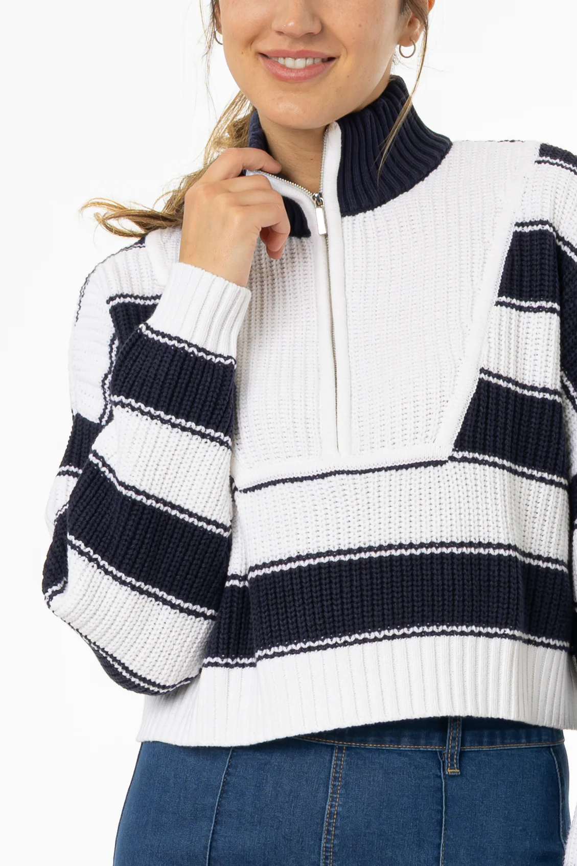 Navy Striped Quarter Zip Sweater Top - KJDHW