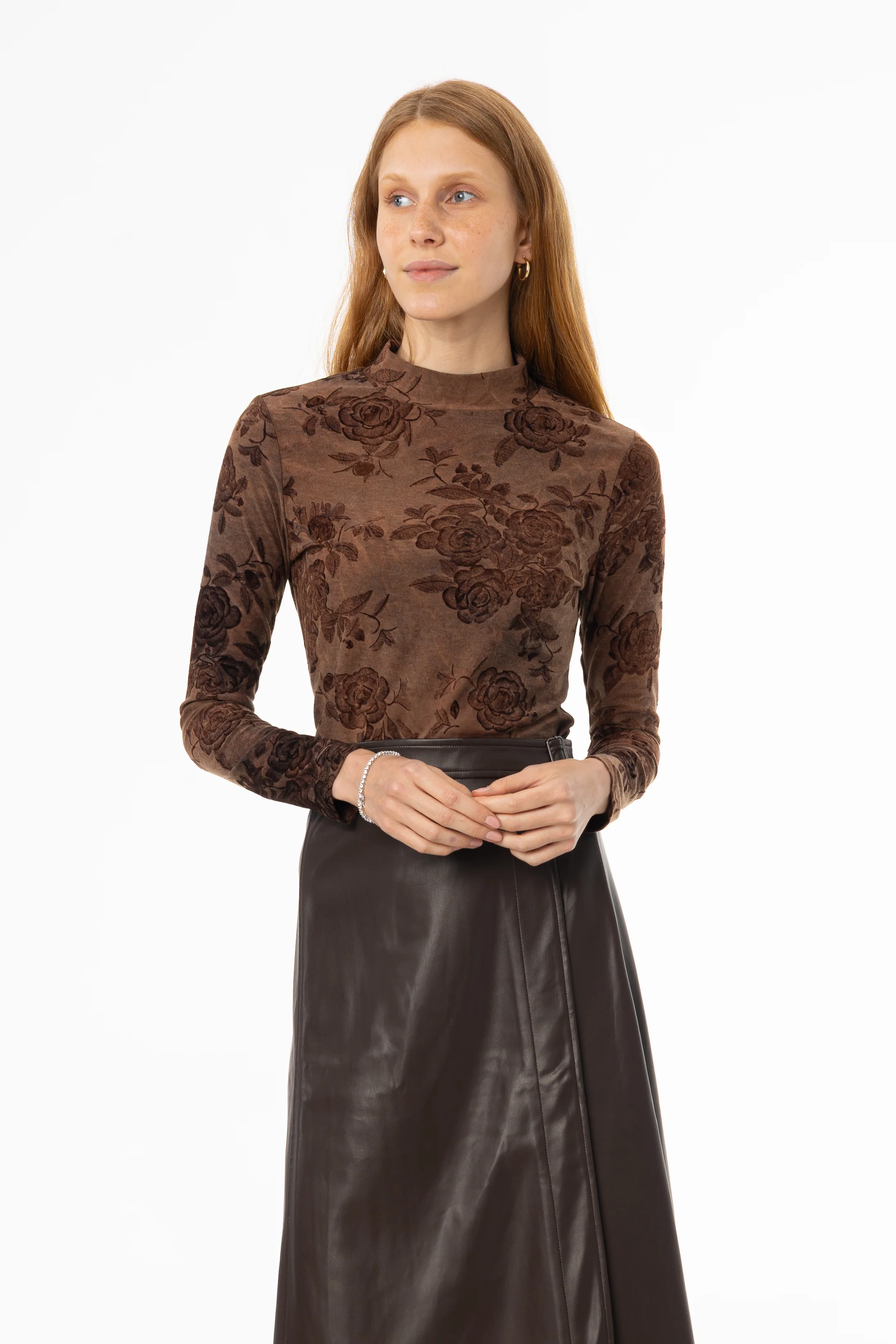 Brown Flower Mock Neck Top - KJDHW