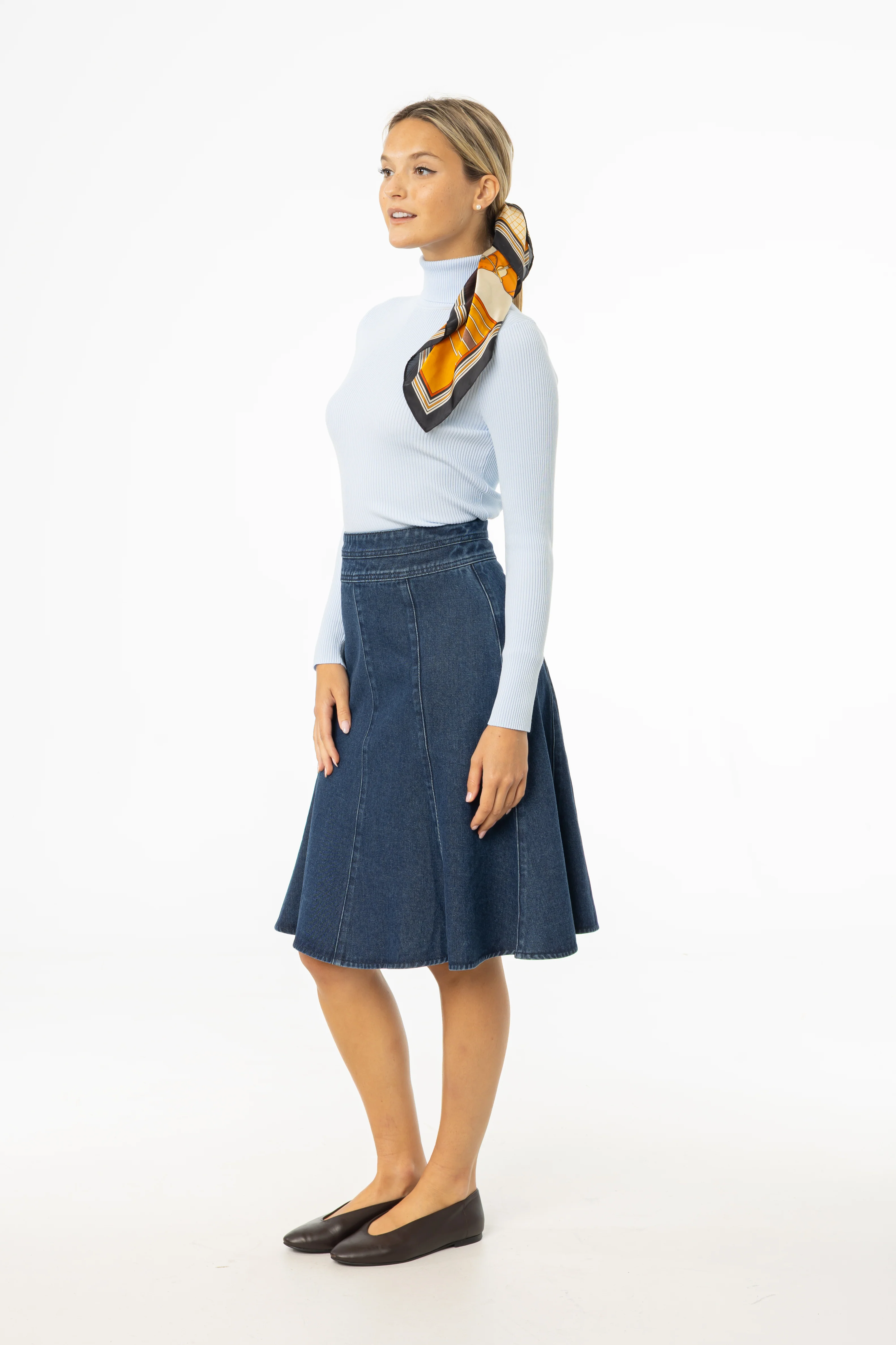Blue Flared Denim Skirt - KJDHW