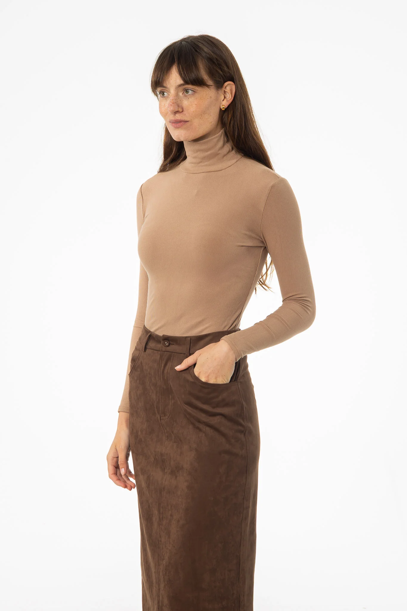 Light Brown Ribbed Turtleneck Top - KJDHW