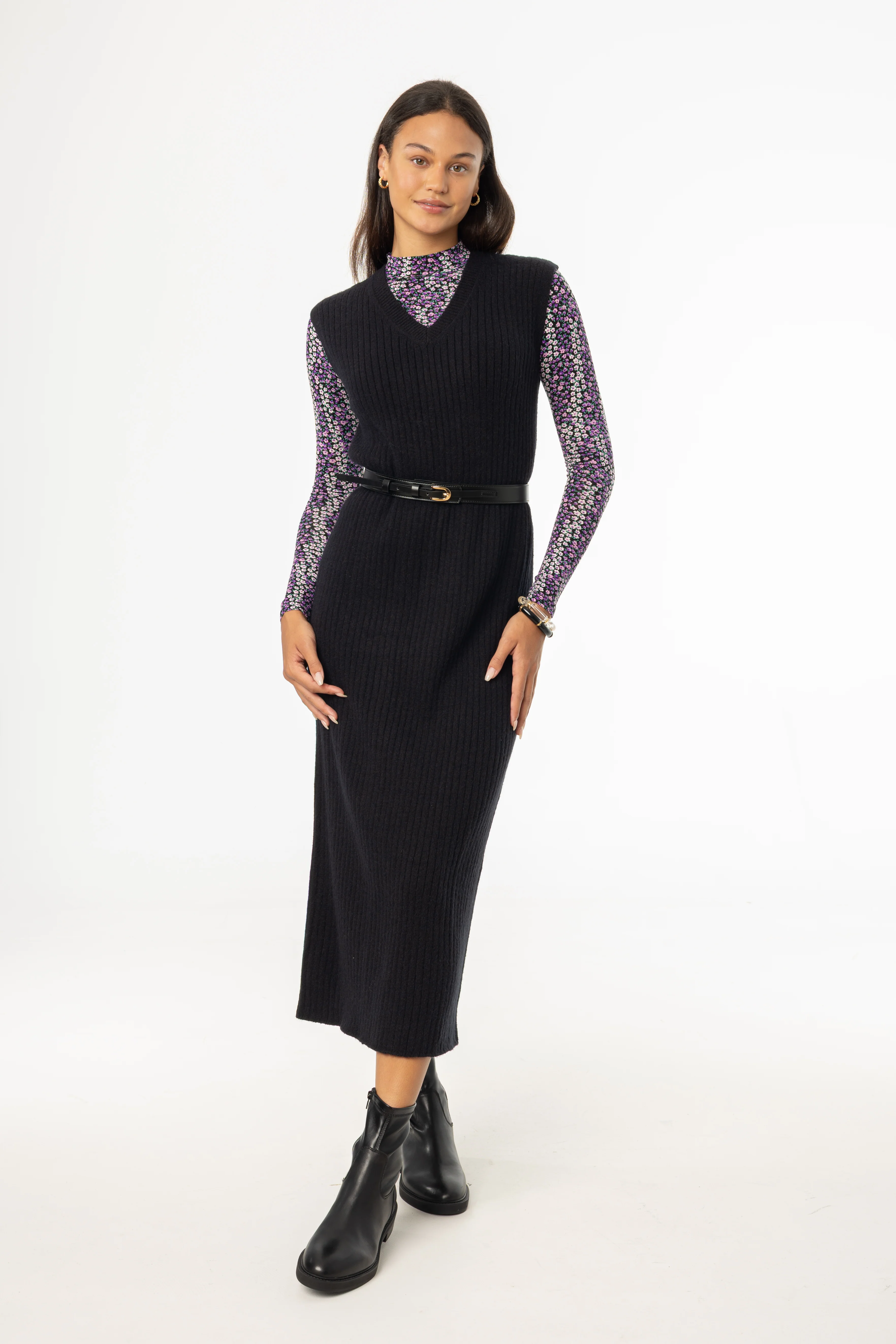 Black V Neck Knit Maxi Dress - KJDHW