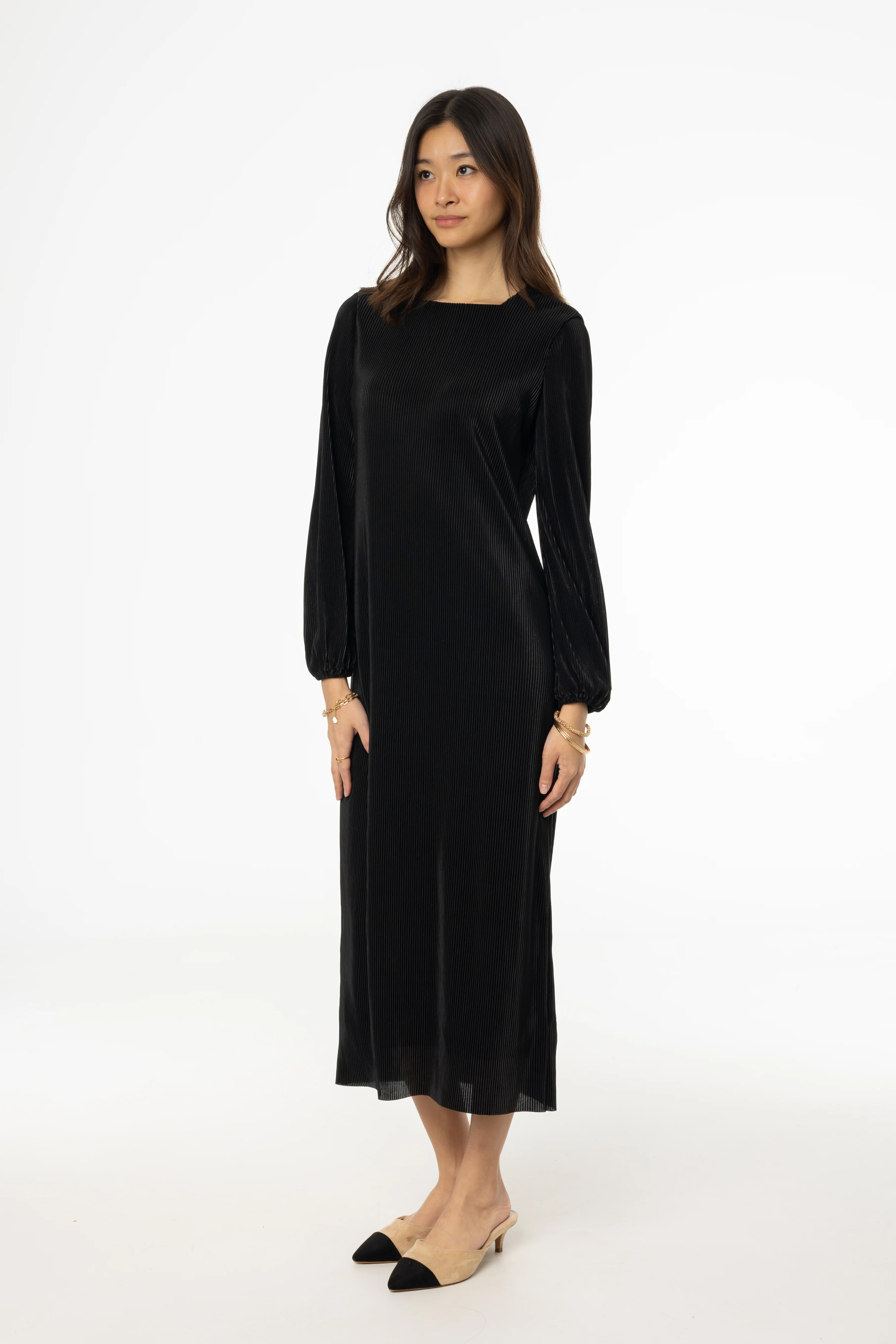 Black Square Neck Accordion Pleat Maxi Dress - KJDHW