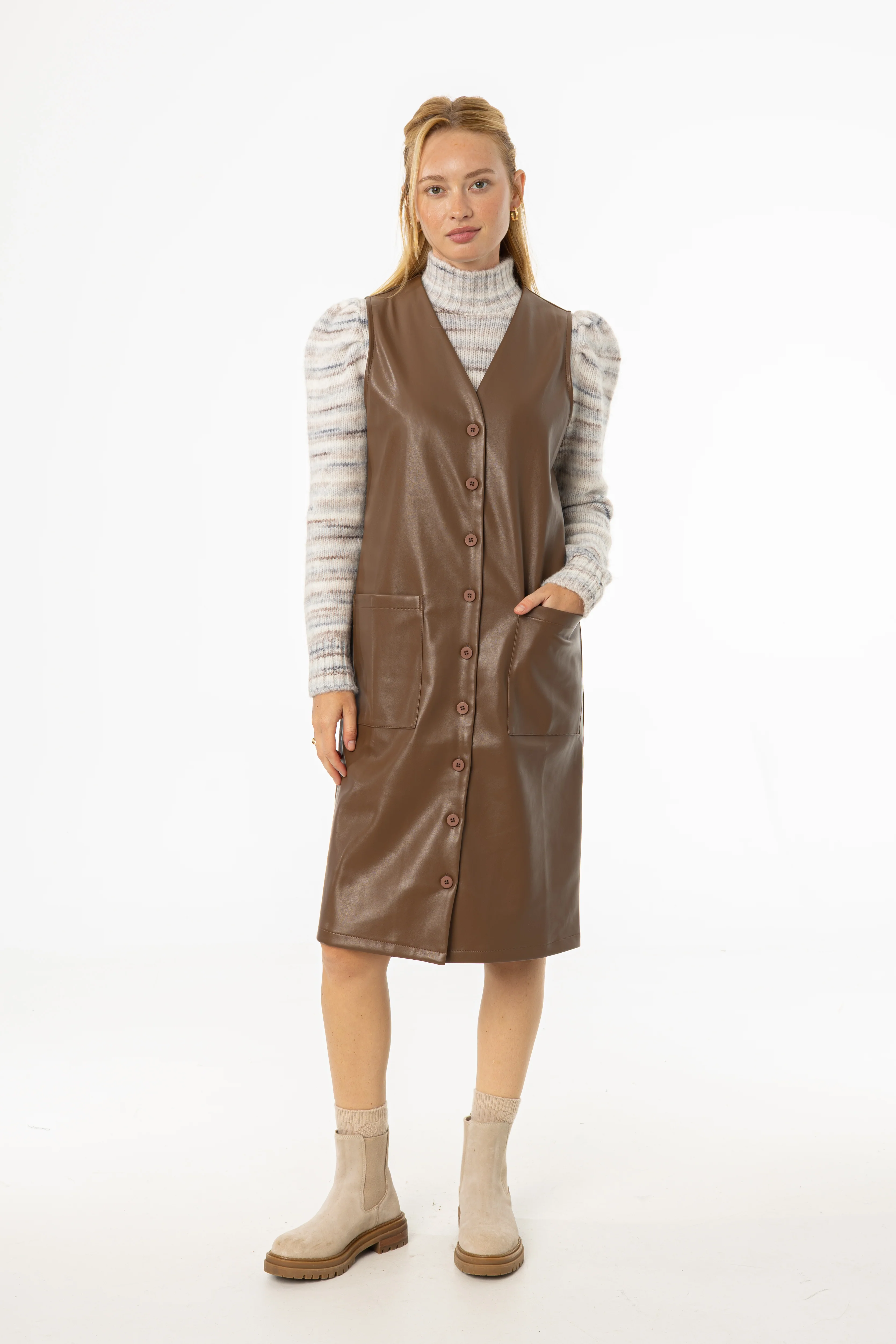 Brown Vegan Leather Vest Dress - KJDHW