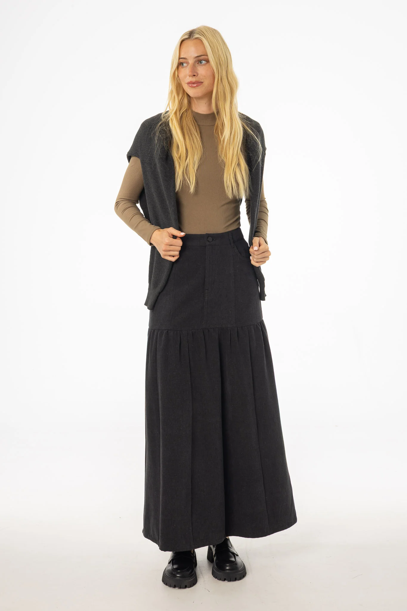 Grey Flared Denim Maxi Skirt - KJDHW