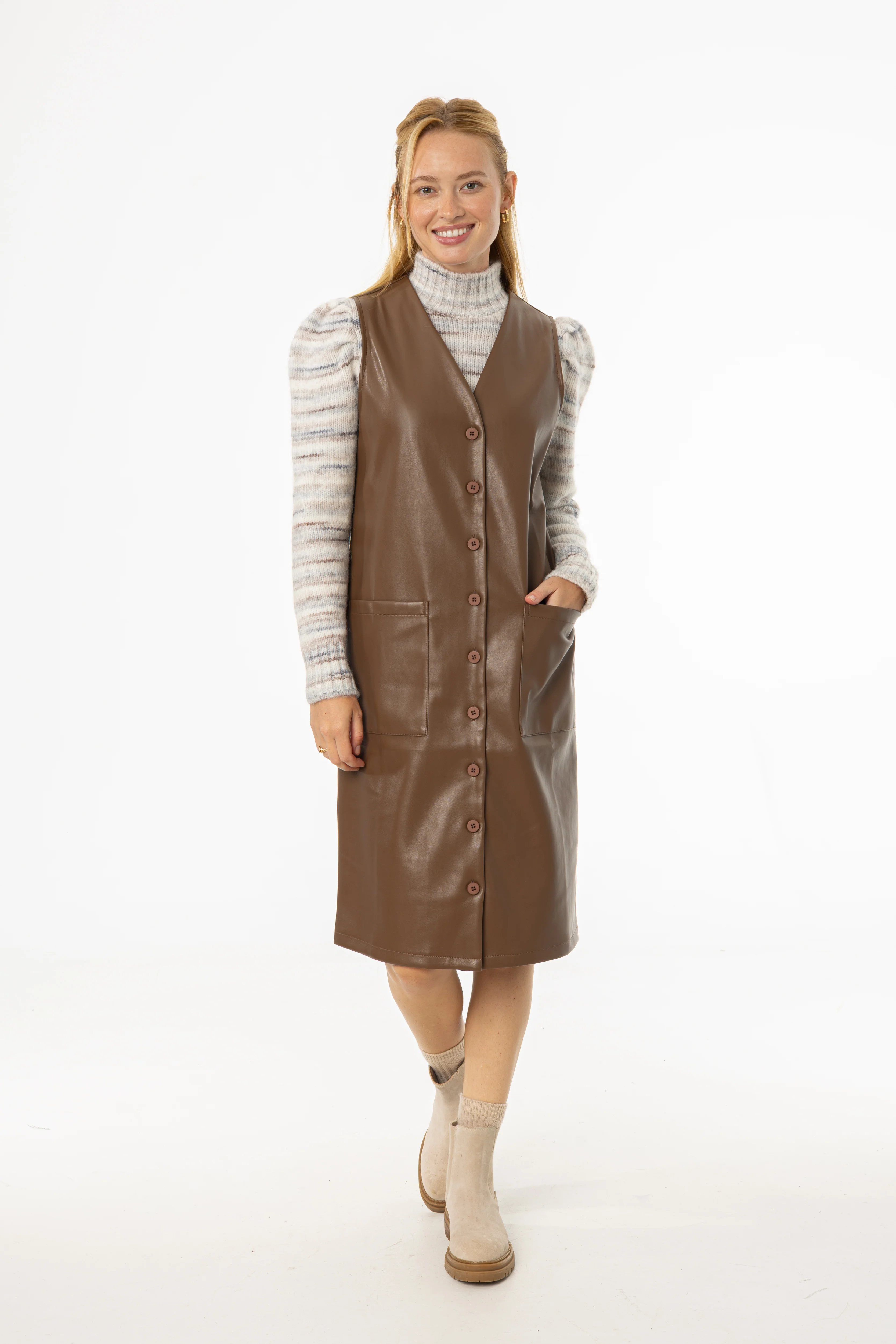 Brown Vegan Leather Vest Dress - KJDHW