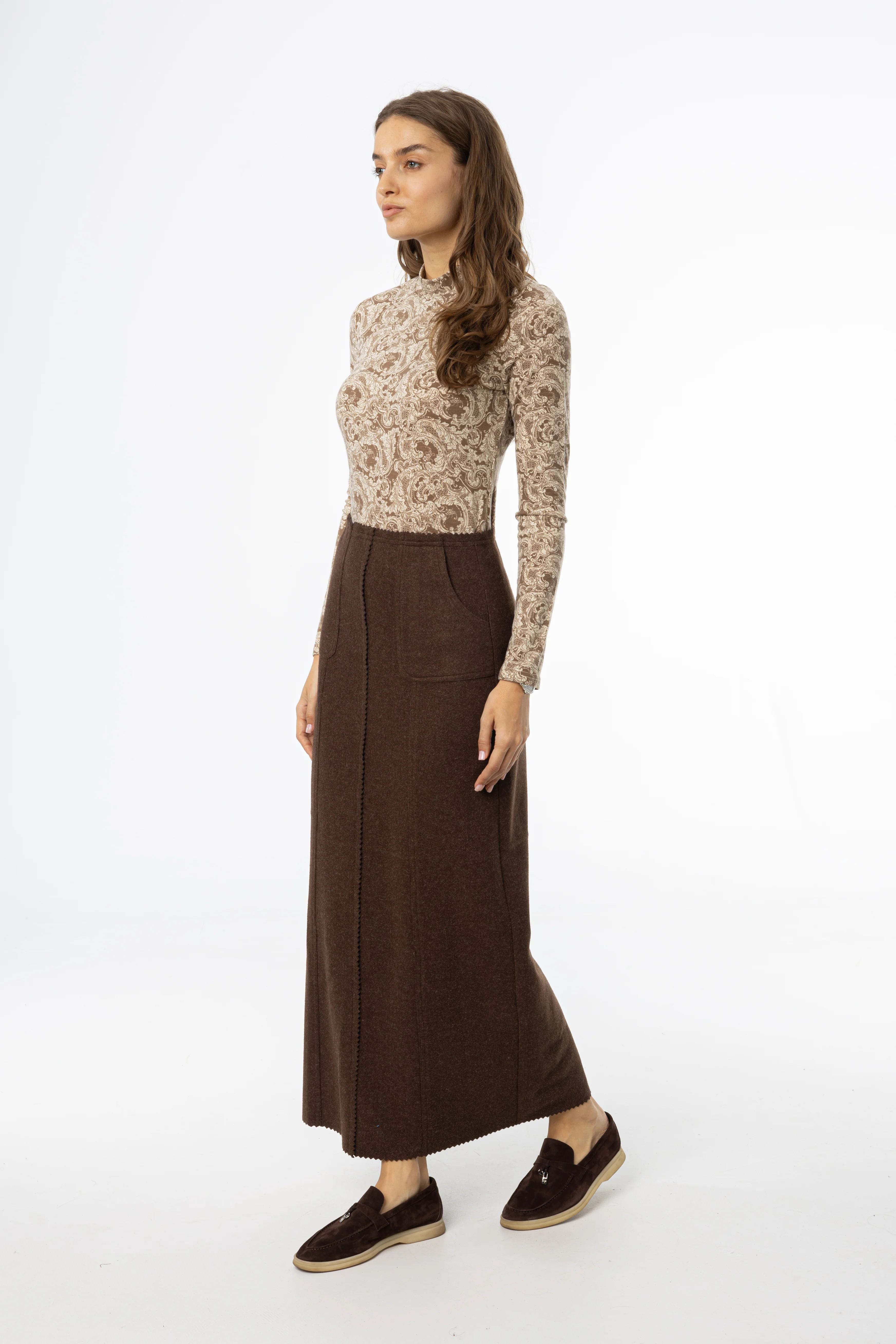 Brown Scalloped Edge Maxi Skirt - KJDHW