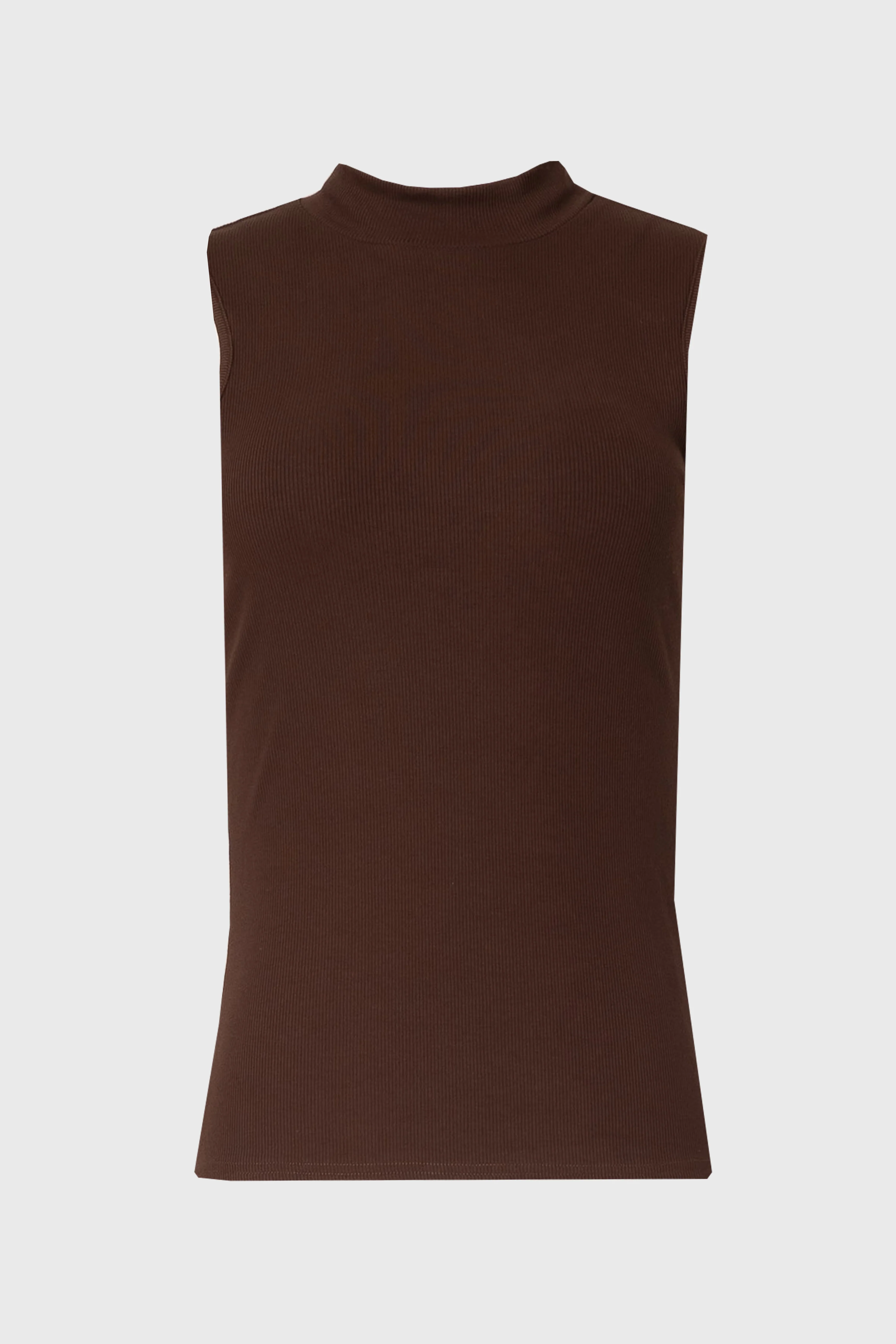 Brown Ribbed Sleeveless Mock Neck Top - KJDHW