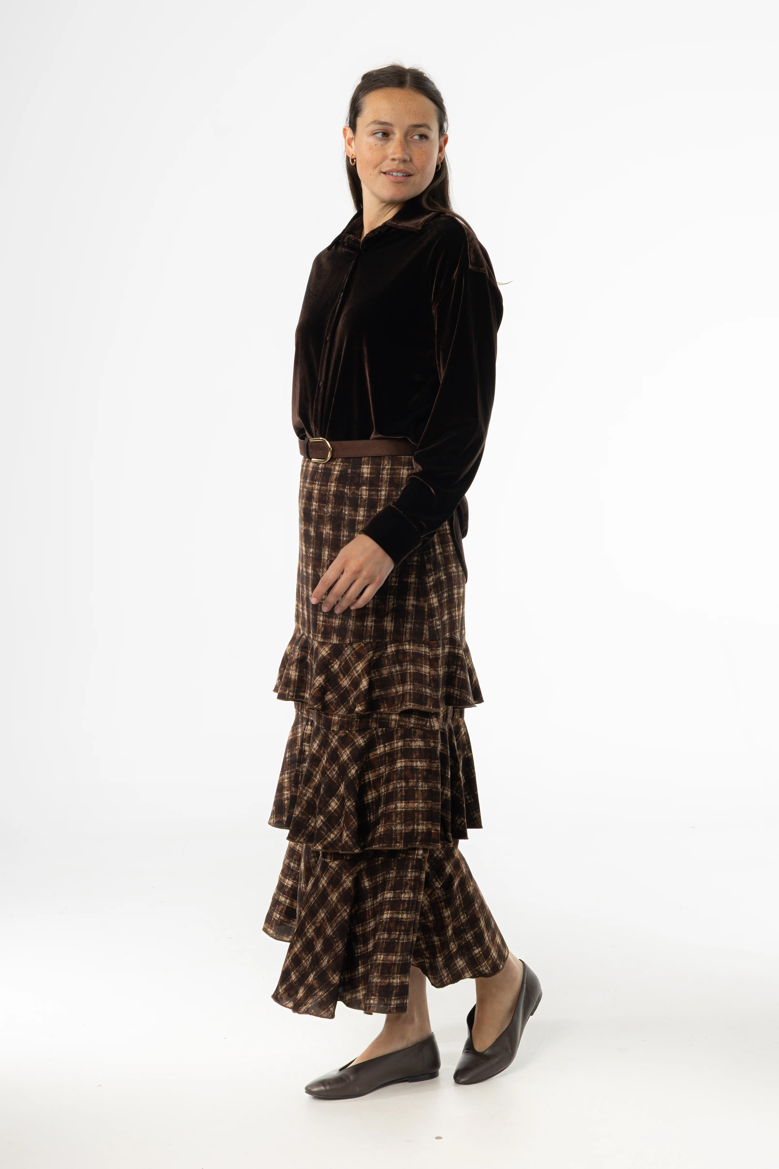 Brown Plaid Ruffle Skirt - KJDHW