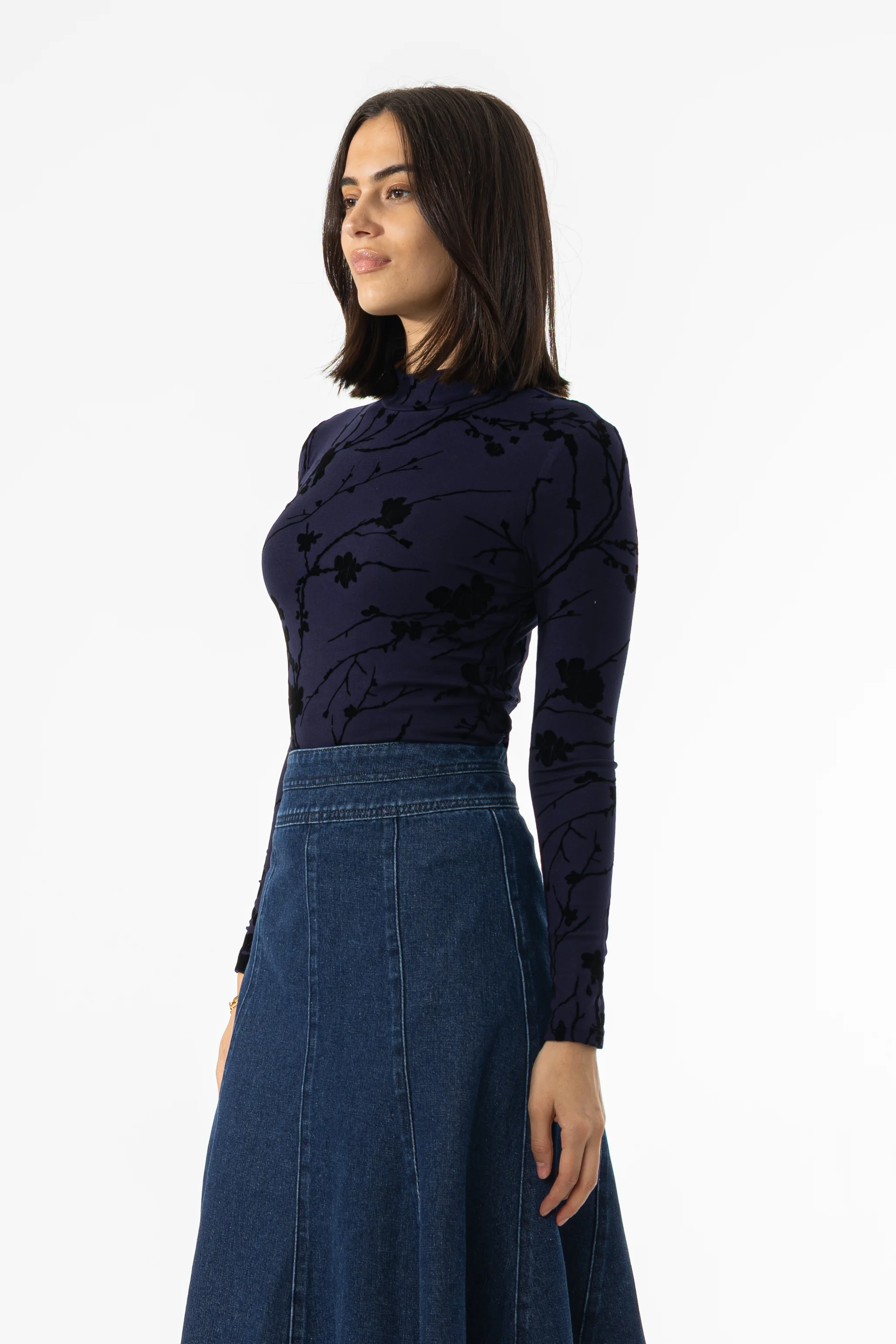 Navy Velvet Detail Mock Neck Top - KJDHW