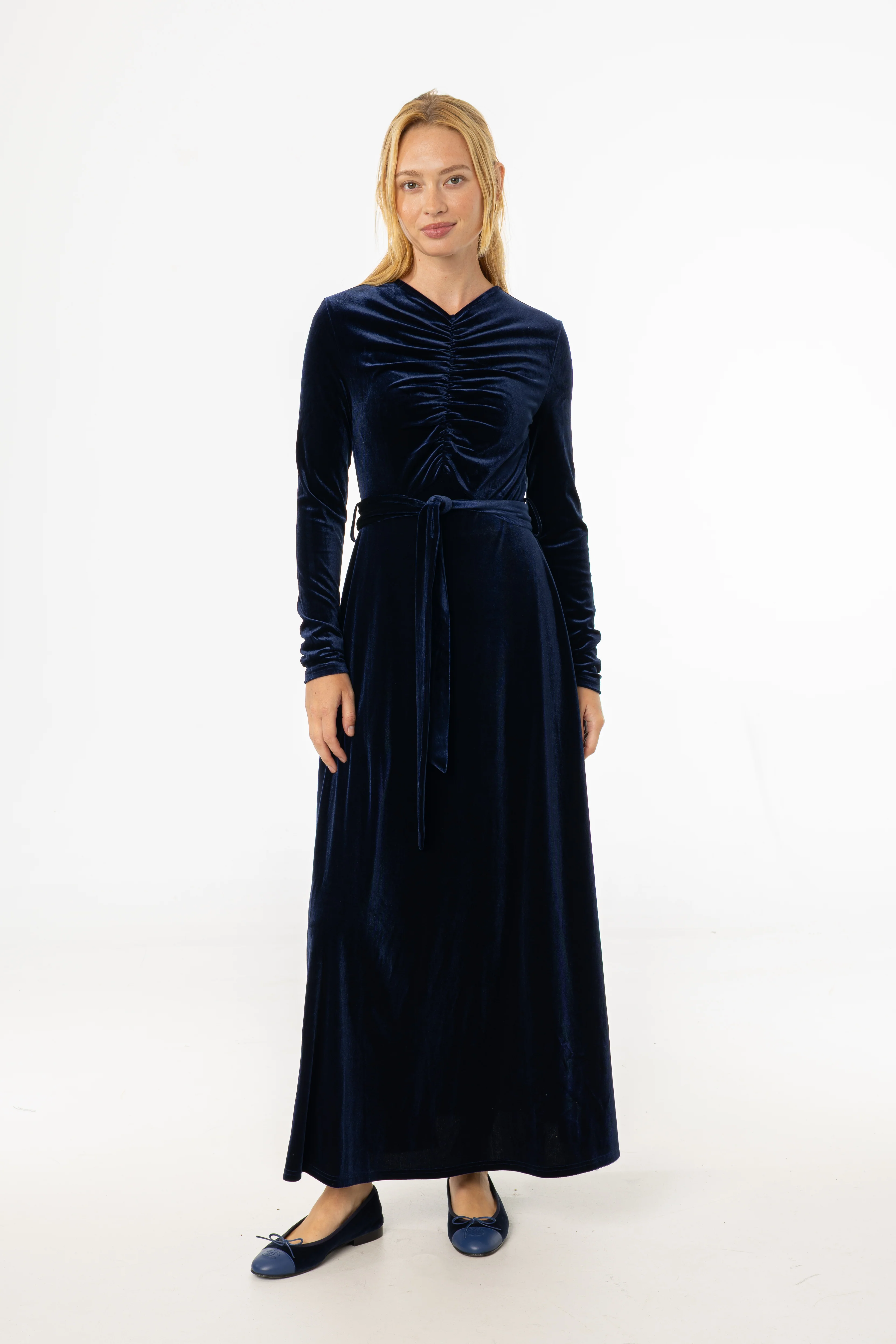 Navy Ruched Velour Maxi Dress - KJDHW