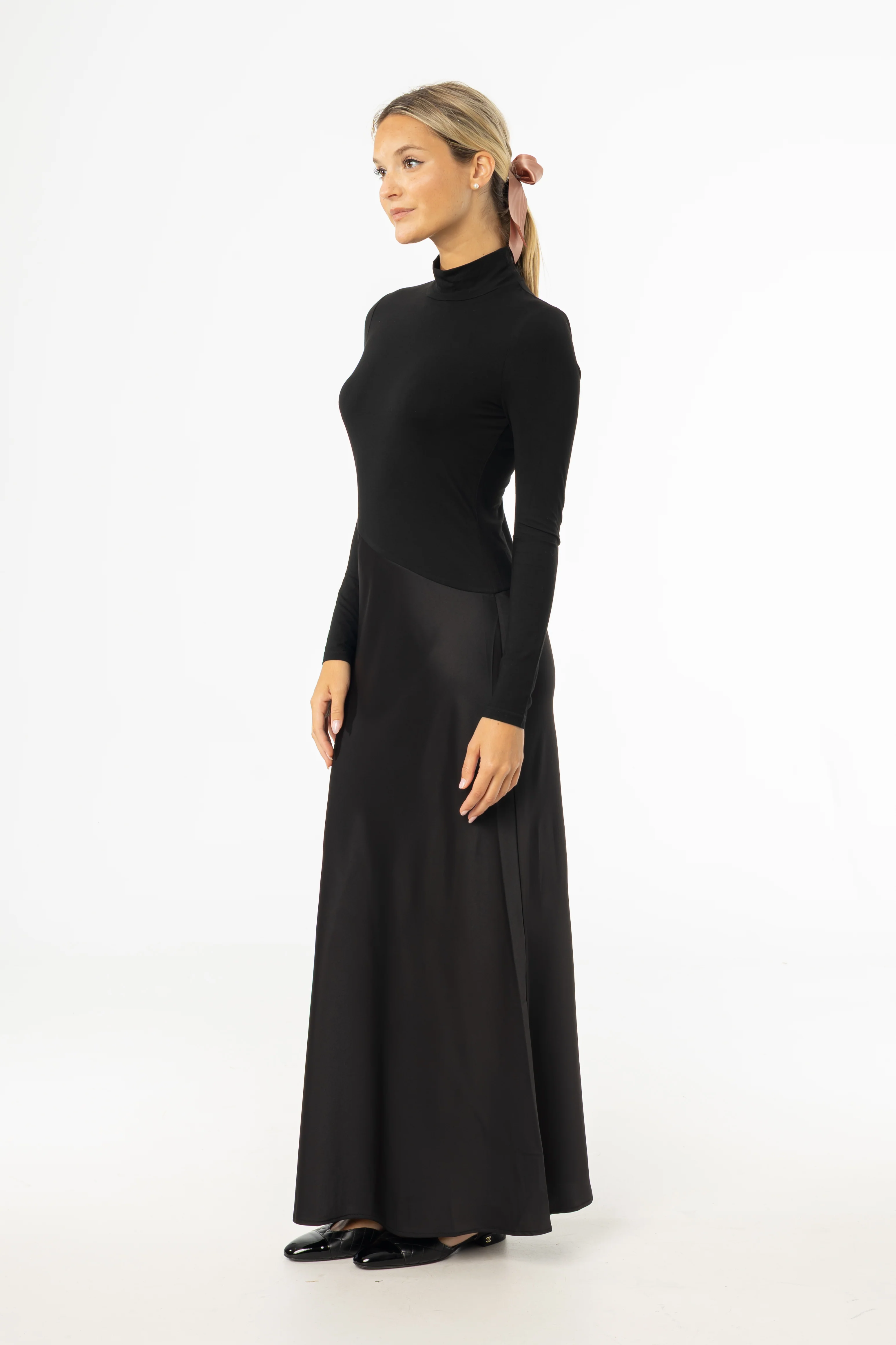 Black Combo Mock Neck Maxi Dress - KJDHW