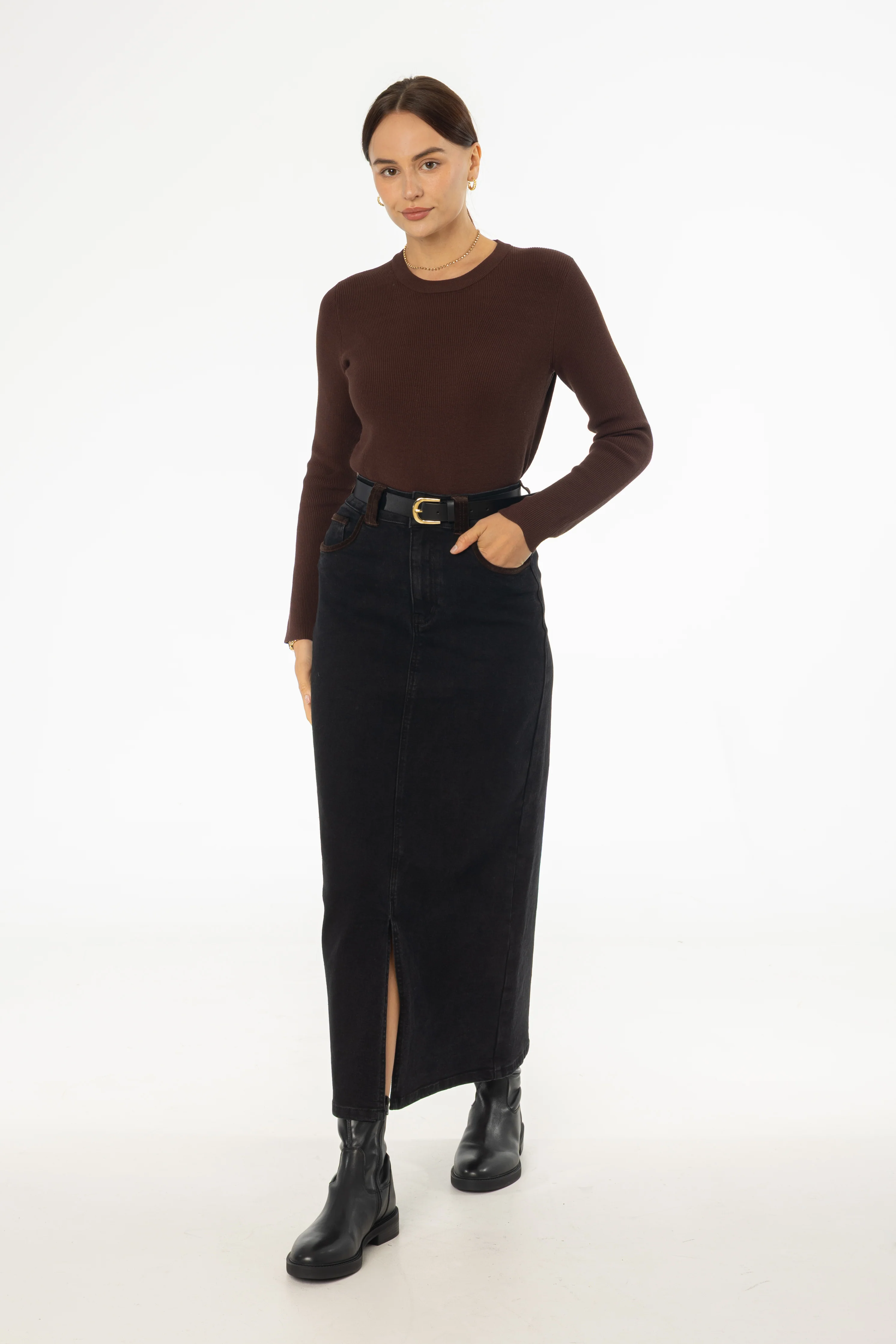 Black Corduroy Detail Denim Skirt - KJDHW