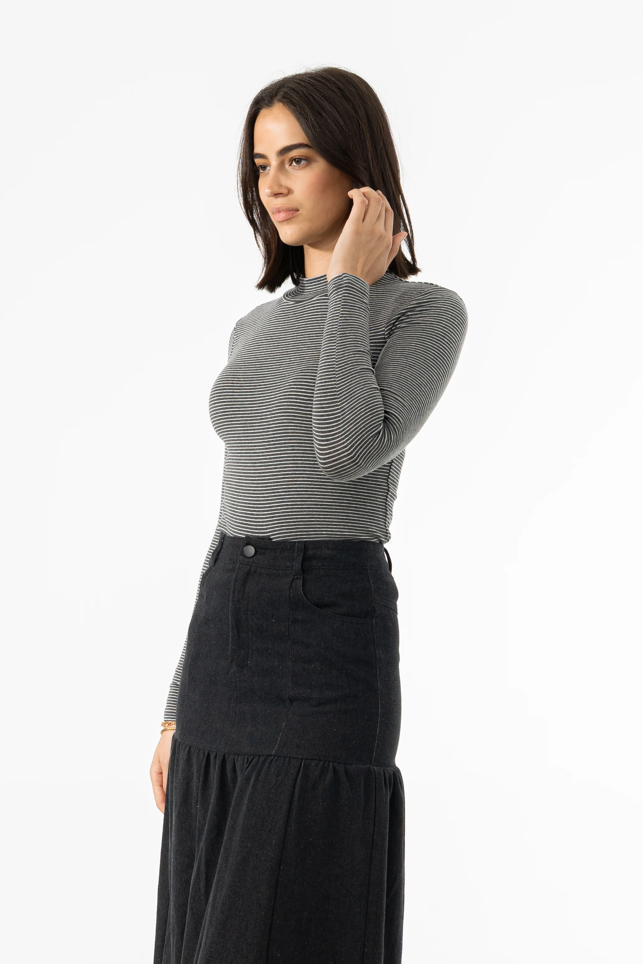 Grey Striped Mock Neck Top - KJDHW
