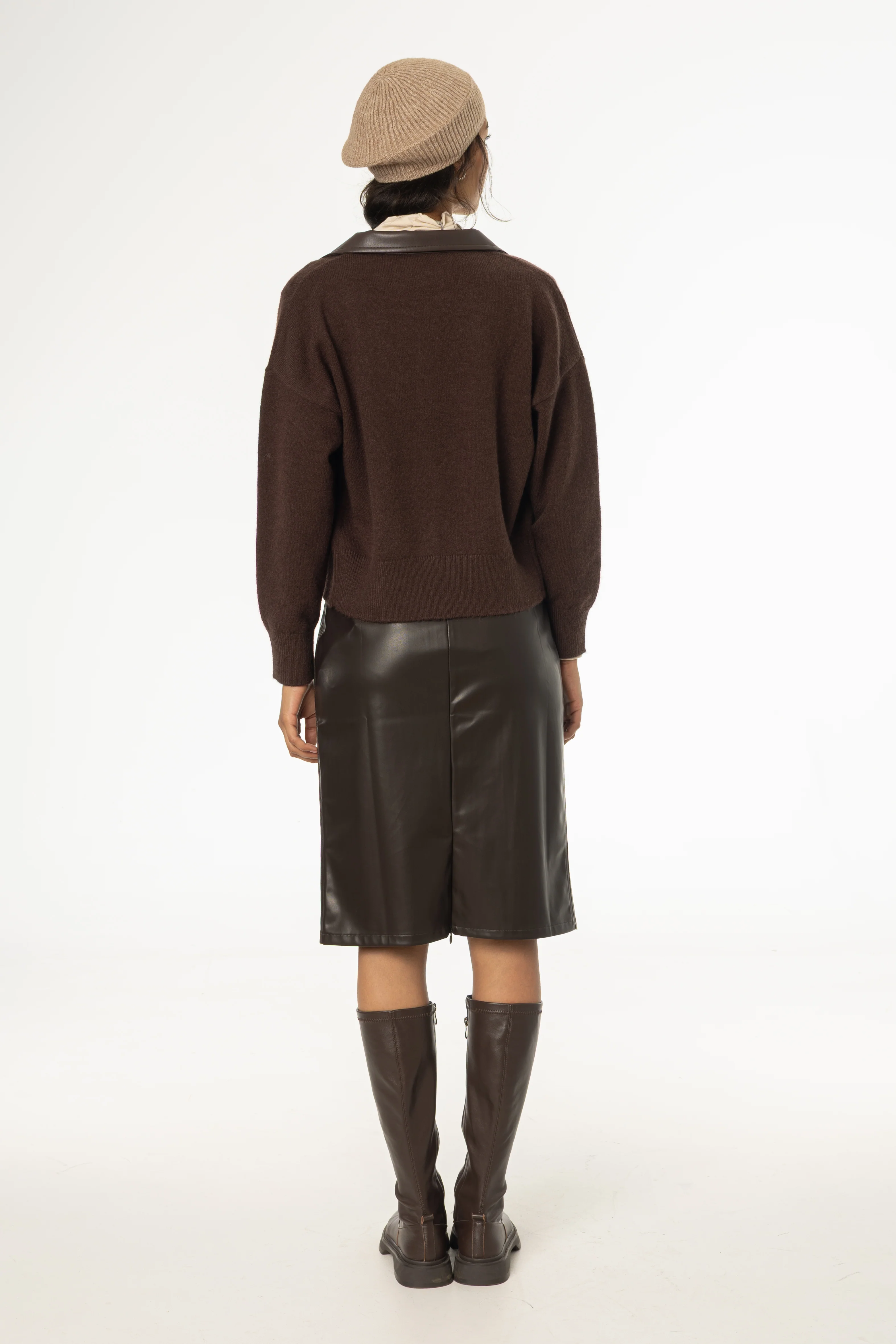 Brown Vegan Leather Pencil Skirt - KJDHW