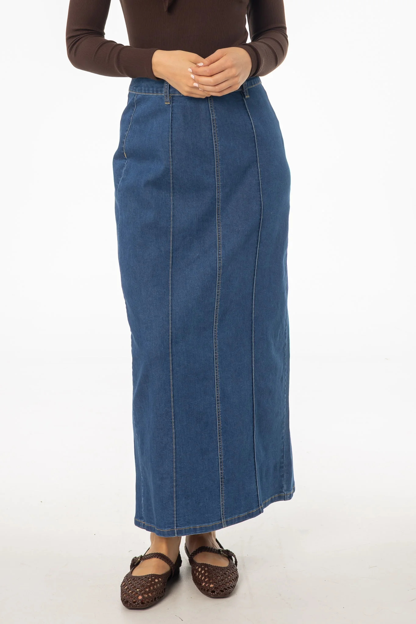 Dark Blue Straight Denim Maxi Skirt - KJDHW