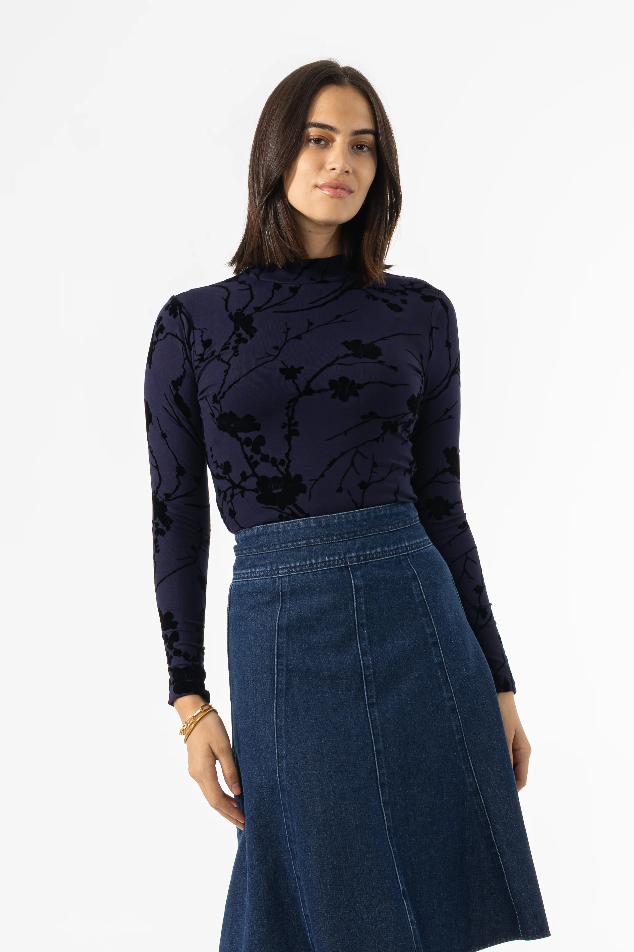 Navy Velvet Detail Mock Neck Top - KJDHW