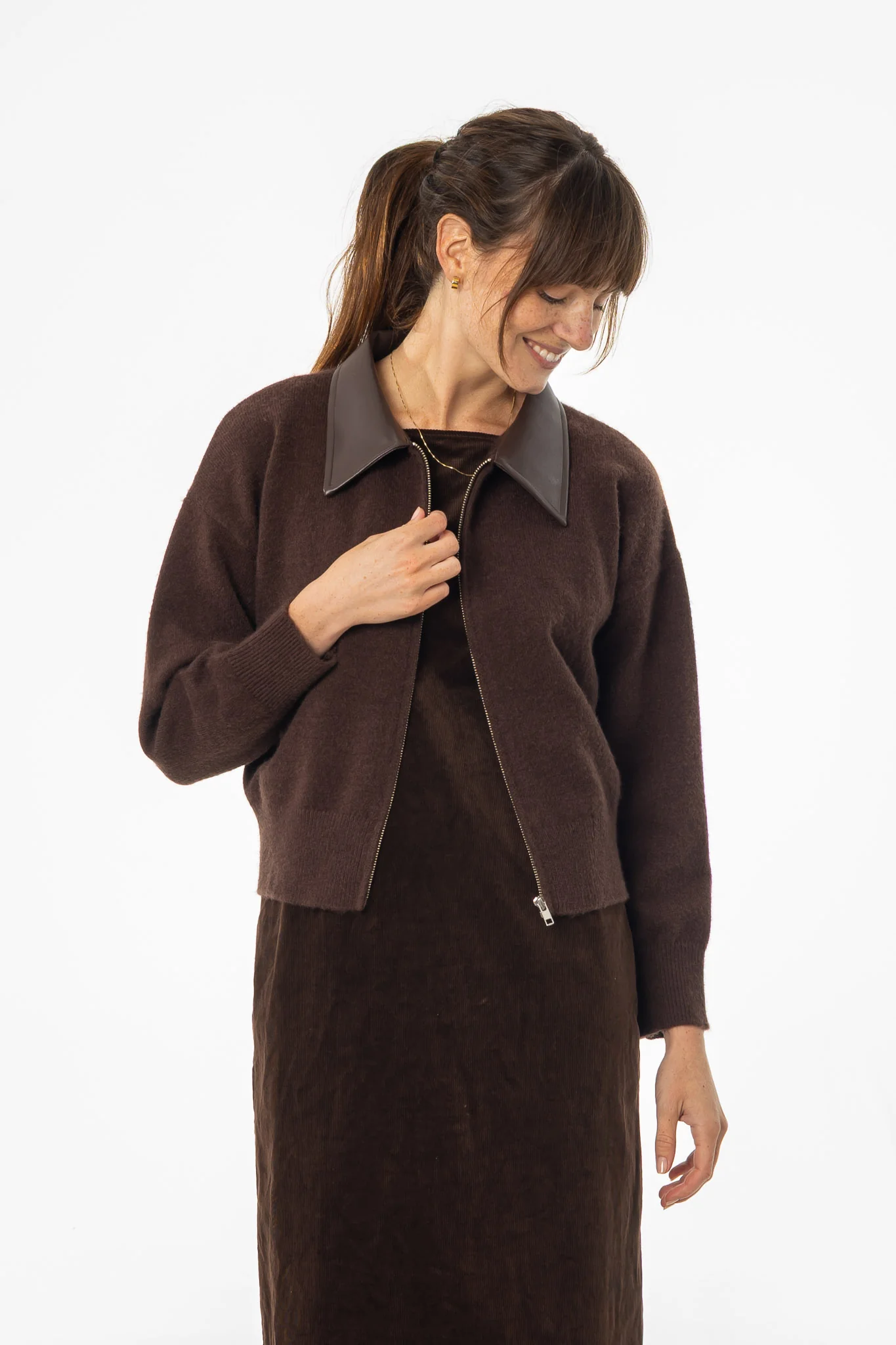 Brown Contrast Collar Zipper Sweater - KJDHW