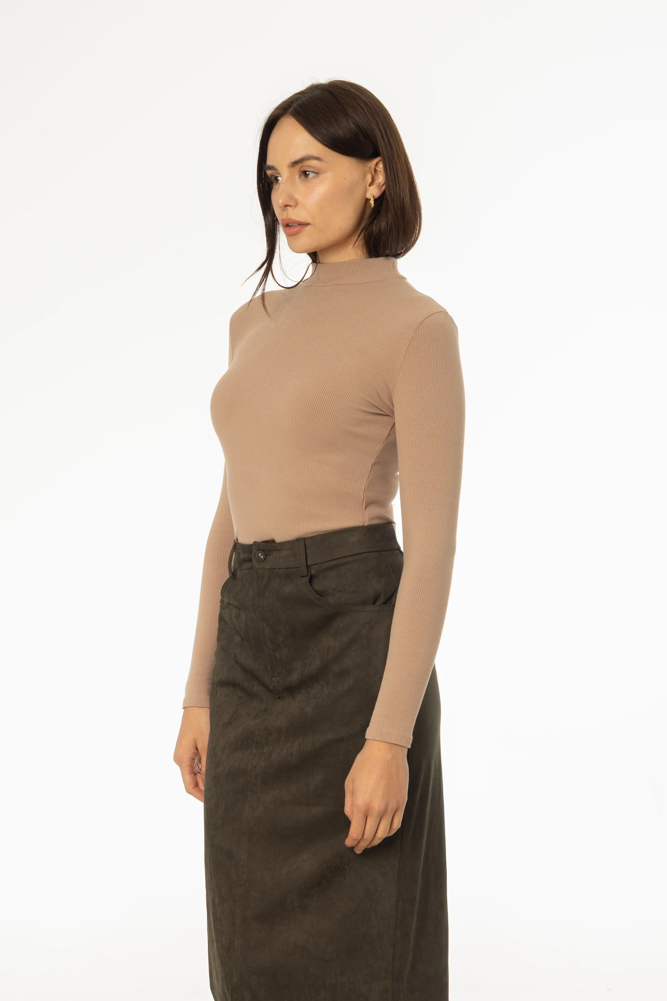 Light Brown Ribbed Mock Neck Top - KJDHW