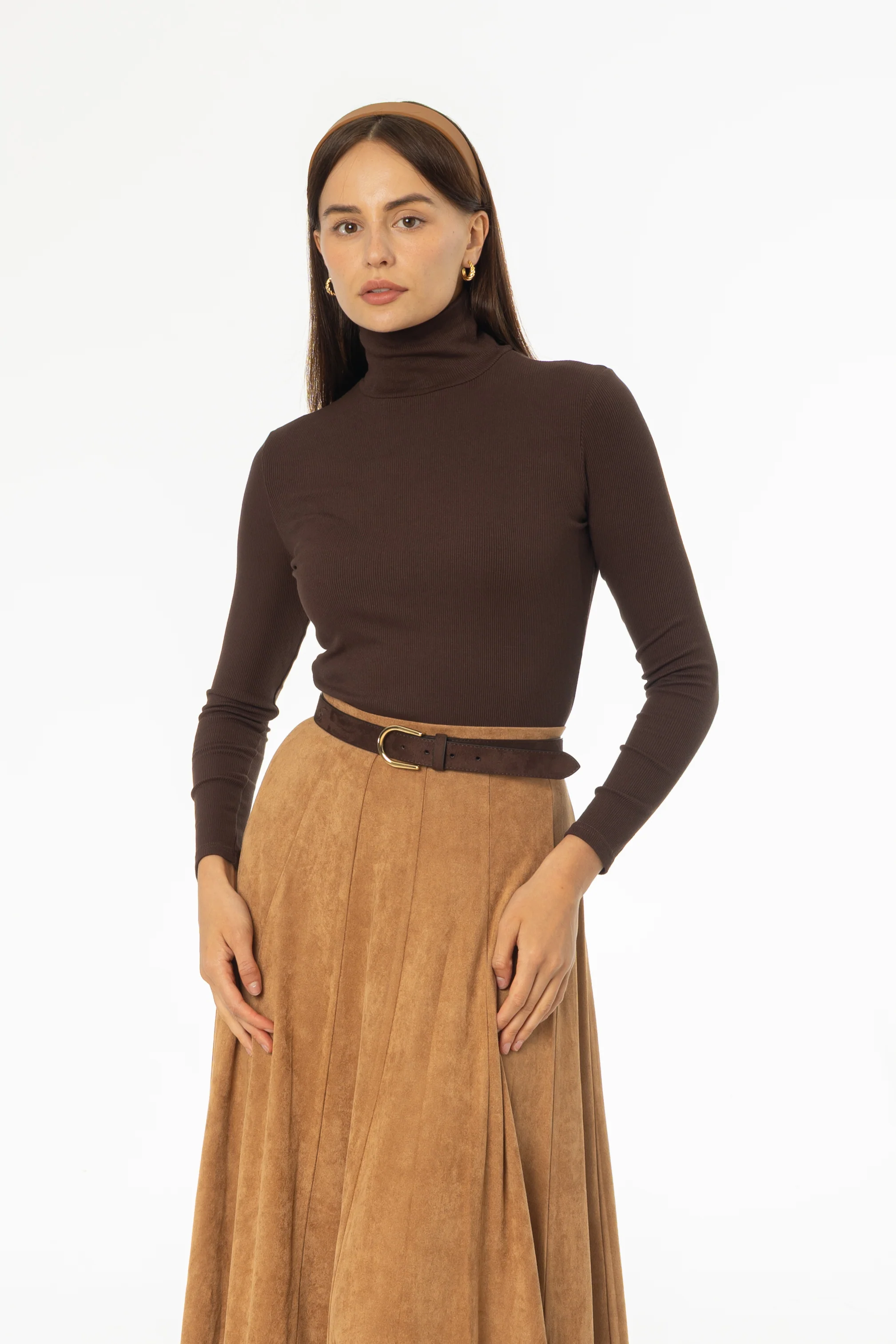 Brown Solid Turtleneck Top - KJDHW