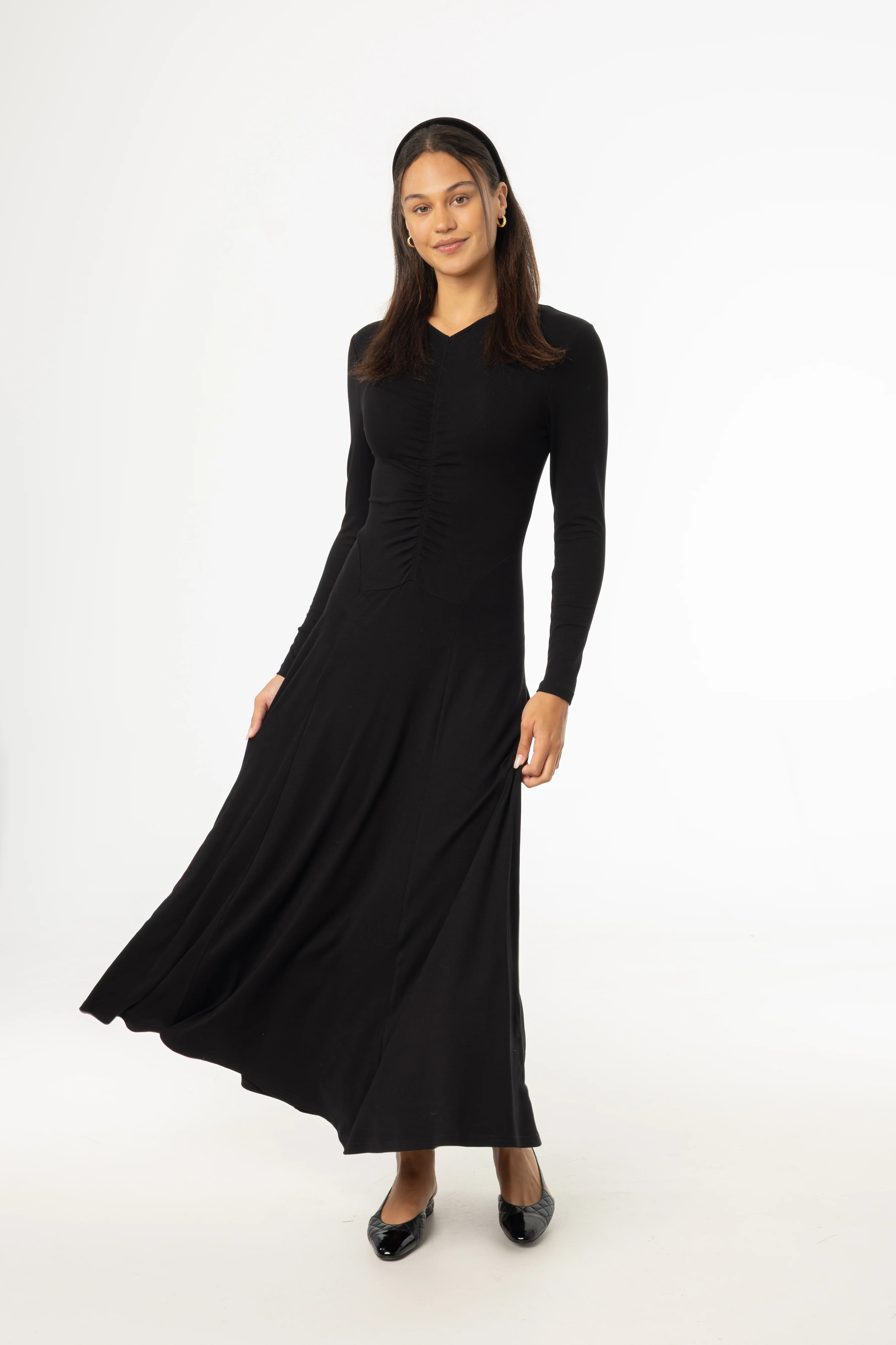 Black Front Ruched Maxi Dress - KJDHW
