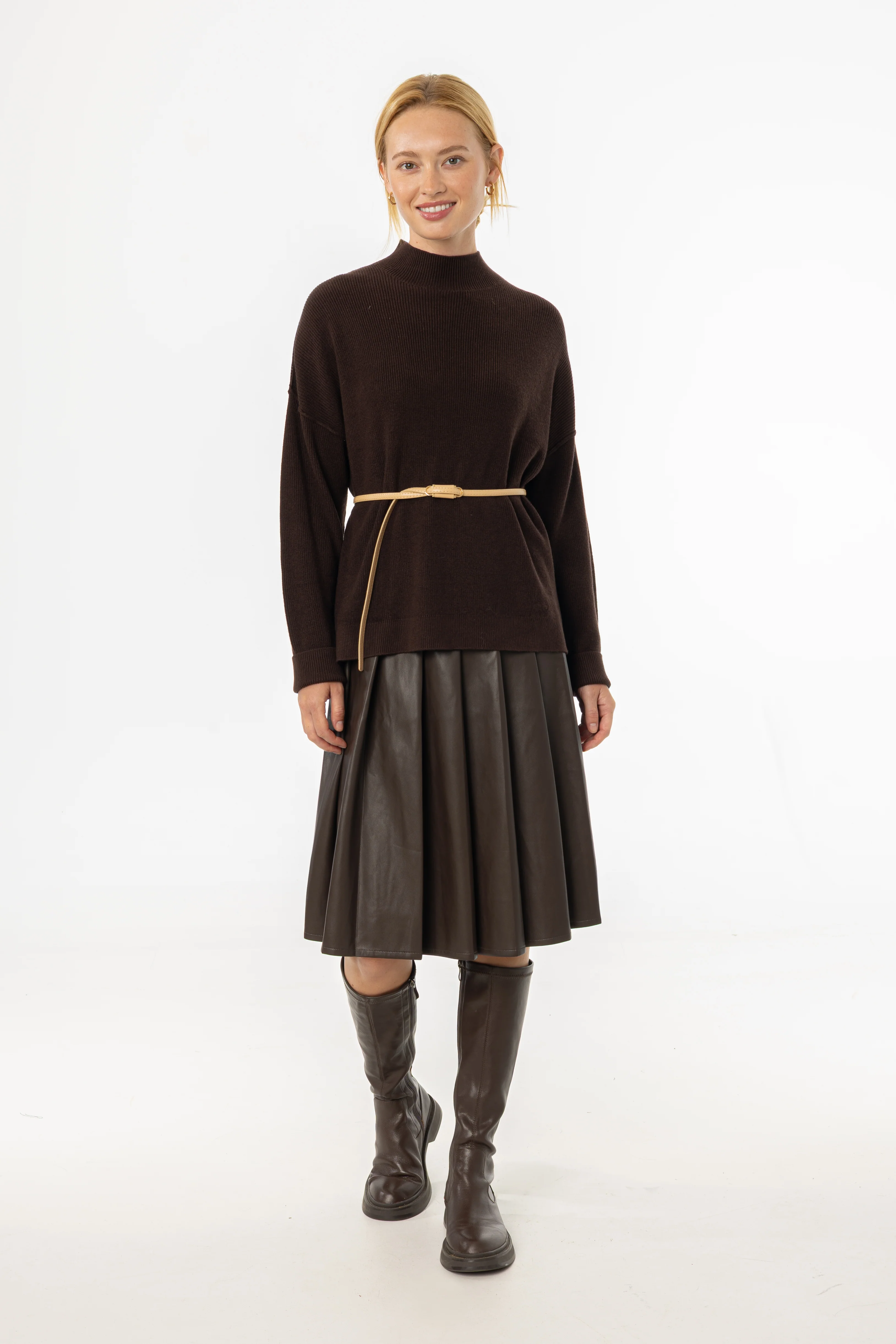 Brown Pleated Vegan Leather Skirt - KJDHW